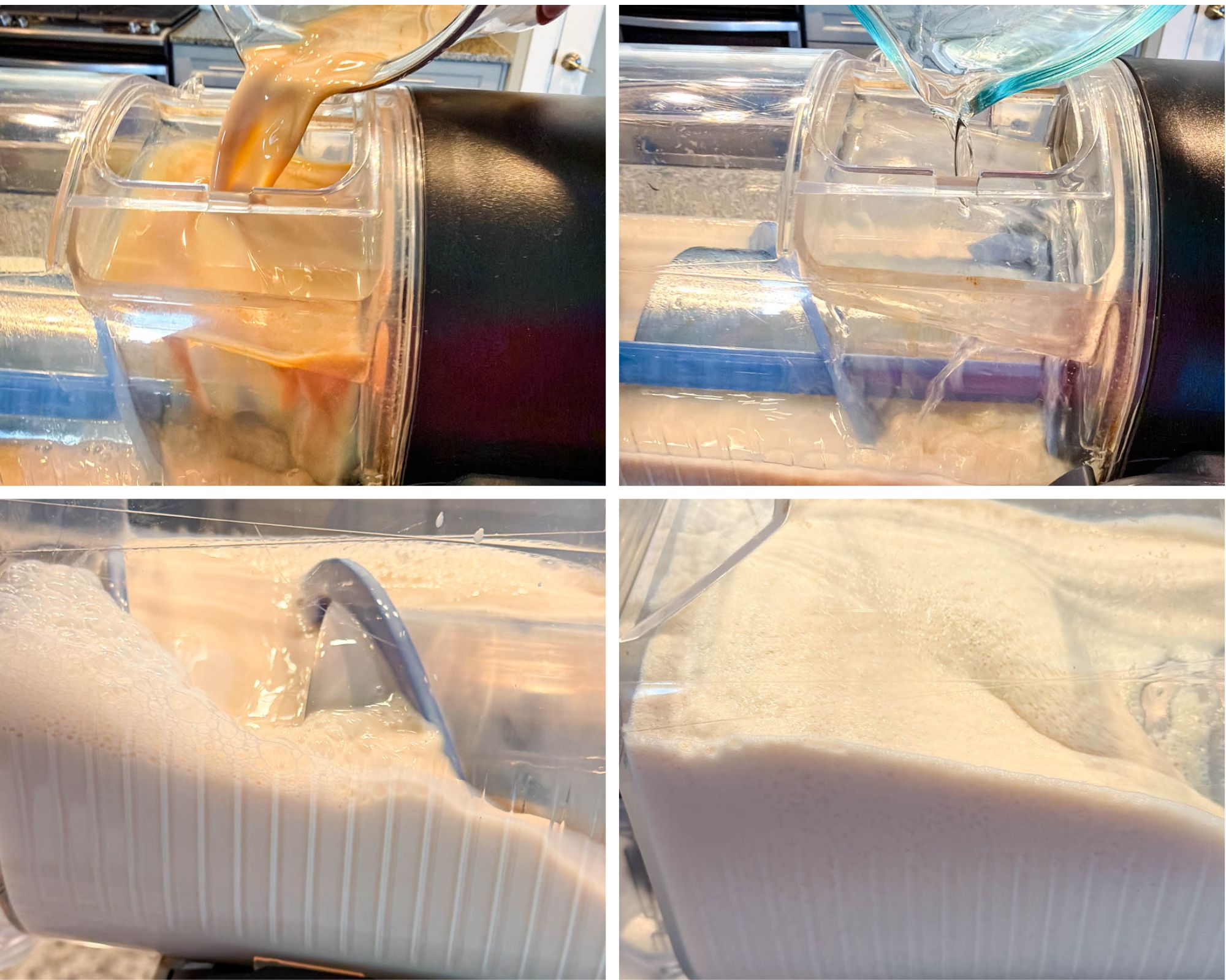 Collage showing the Ninja Creami process of making a mudslide. The first two photos show liquid ingredients being poured into the container, while the bottom images show the creamy blended mixture spinning into a smooth, frothy texture.