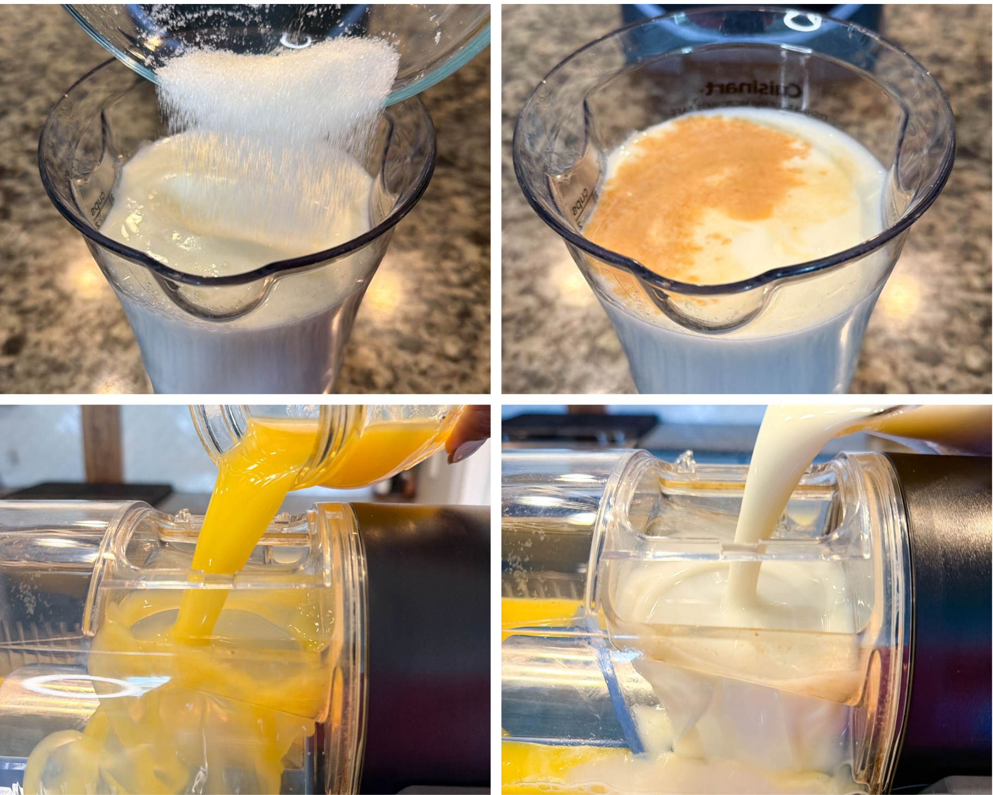 A four-image collage showing the Ninja Slushi Orange Julius mixture being prepared: sugar being poured into a tall container of milk, the milk mixture with vanilla and orange ingredients on top, orange juice being poured into the Ninja Slushi machine, and the milk mixture being poured into the machine to combine.