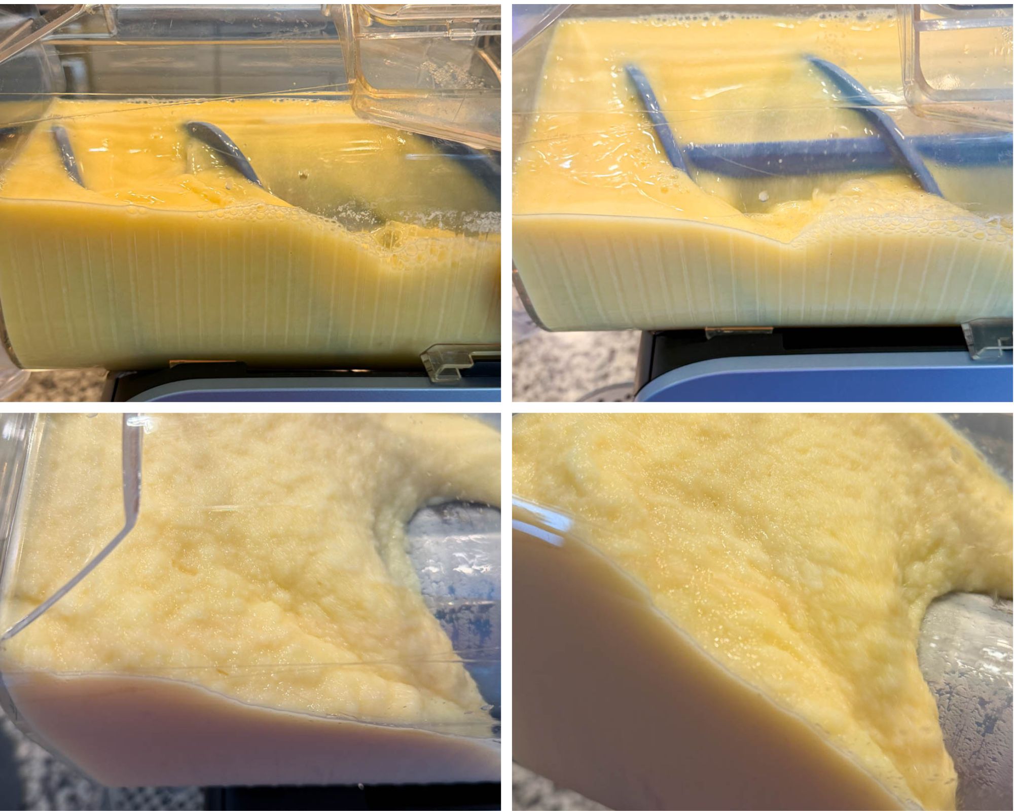 A four-image collage showing the orange Julius mixture freezing in the Ninja Slushi chamber: the liquid beginning to chill, forming icy layers along the auger, thickening into a slushy texture, and pulling away from the chamber walls as it becomes fully frozen.