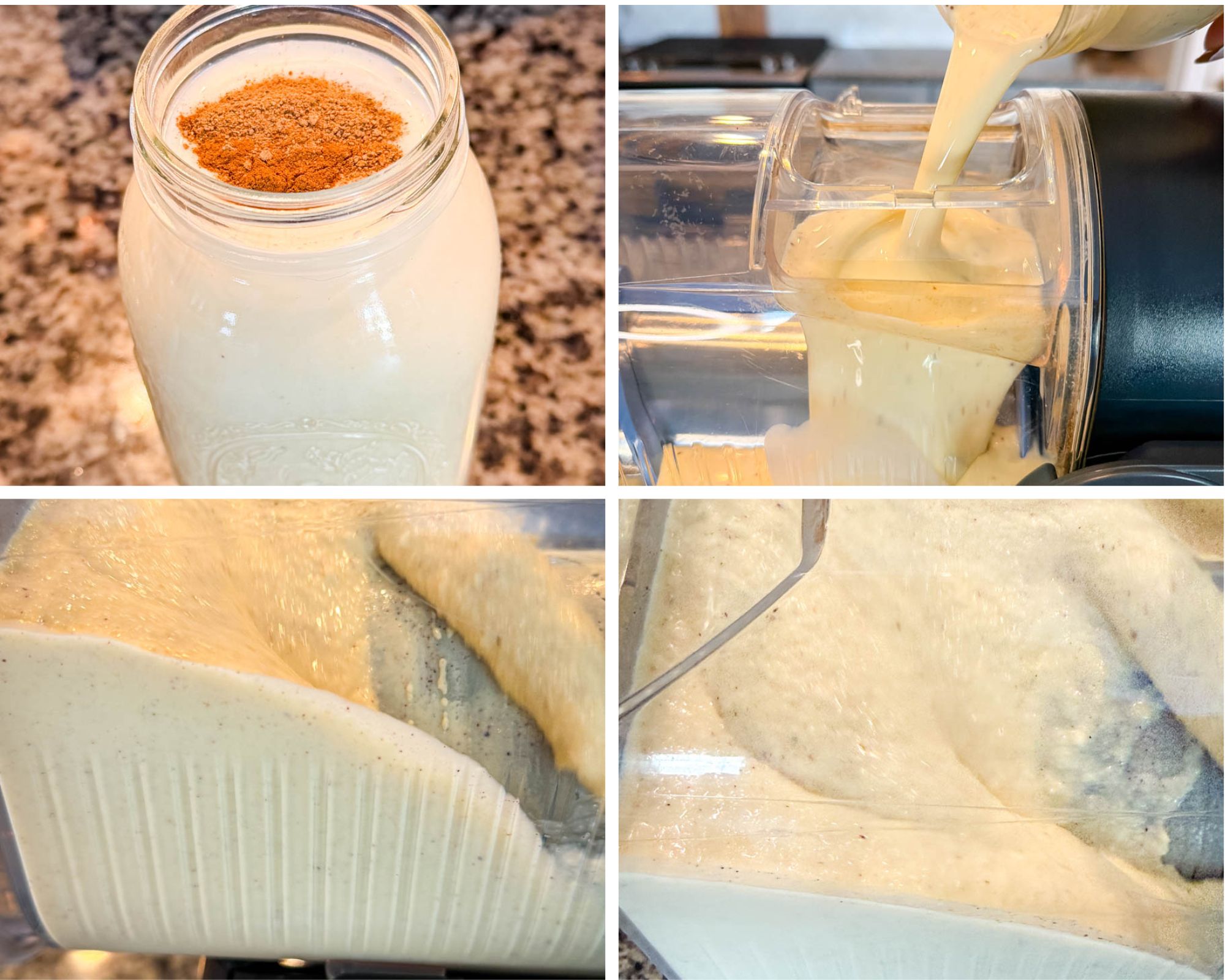 Step-by-step collage showing eggnog in a mason jar topped with spices, being poured into the Ninja Slushi machine, and the creamy mixture freezing and churning inside the container.