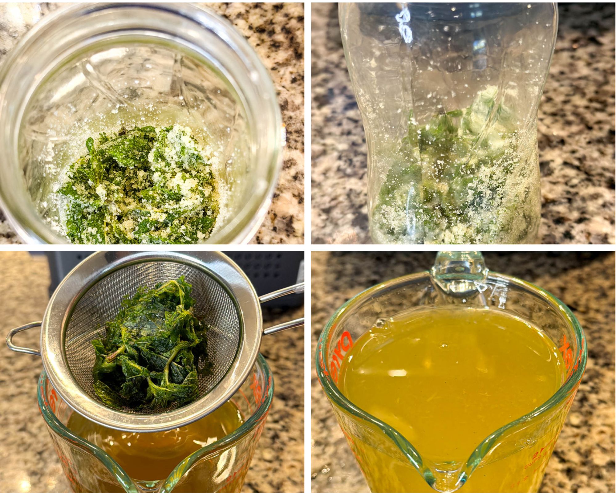 A four-panel collage showing the process of making a mojito base: mint leaves and sugar muddled together in a jar, the mixture sitting in a glass with sugar coating the mint, the wilted mint being strained through a fine mesh strainer, and the finished lime-mint liquid collected in a large glass measuring cup.