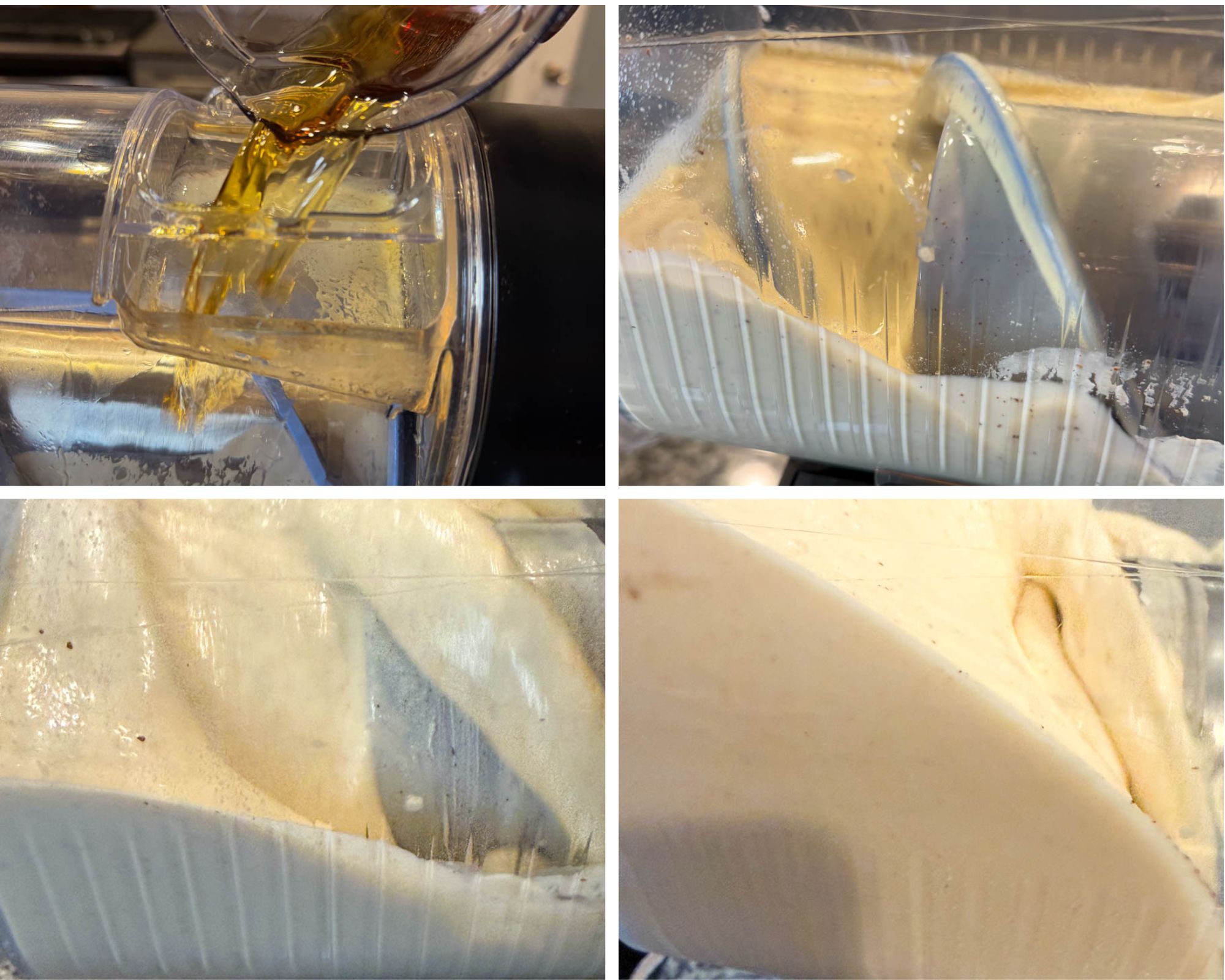 Step-by-step images showing spiked eggnog being poured into a Ninja Slushi machine, the mixture blending into a smooth creamy texture, and the frozen eggnog forming inside the container.