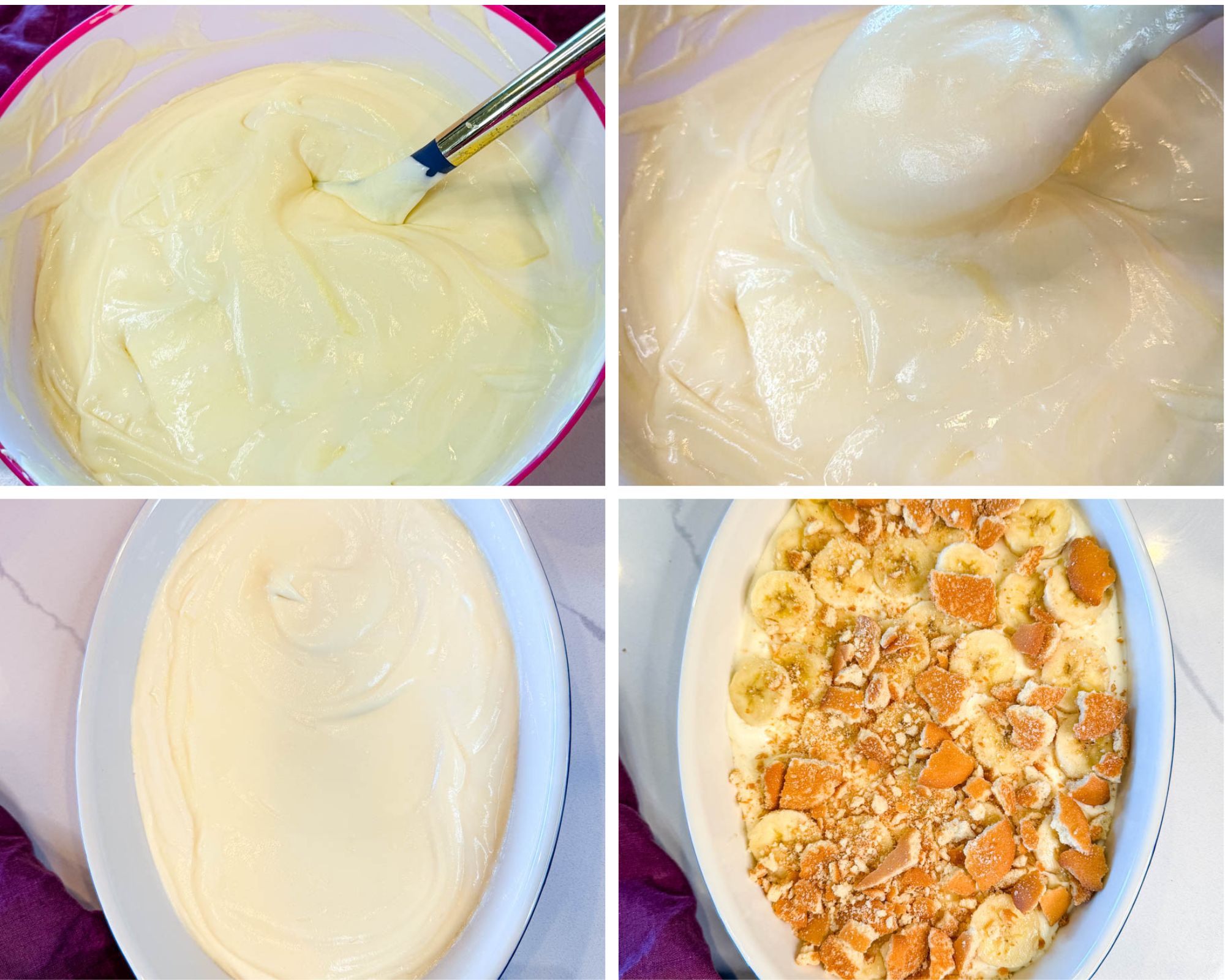 Close-up of silky smooth banana pudding mixture showing thick, glossy texture on a spoon.