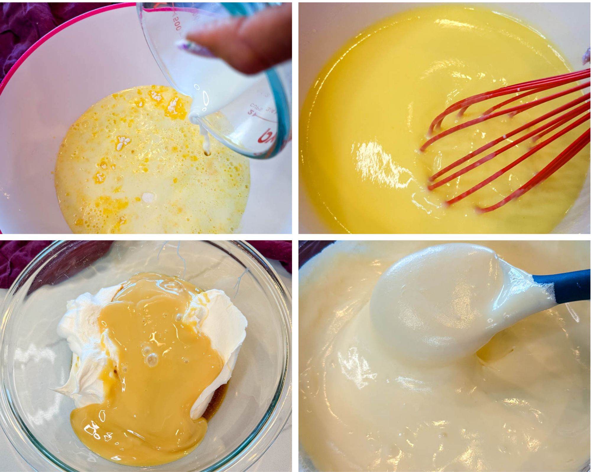 Thick and creamy vanilla pudding mixture being stirred in a white bowl with a spatula until smooth.