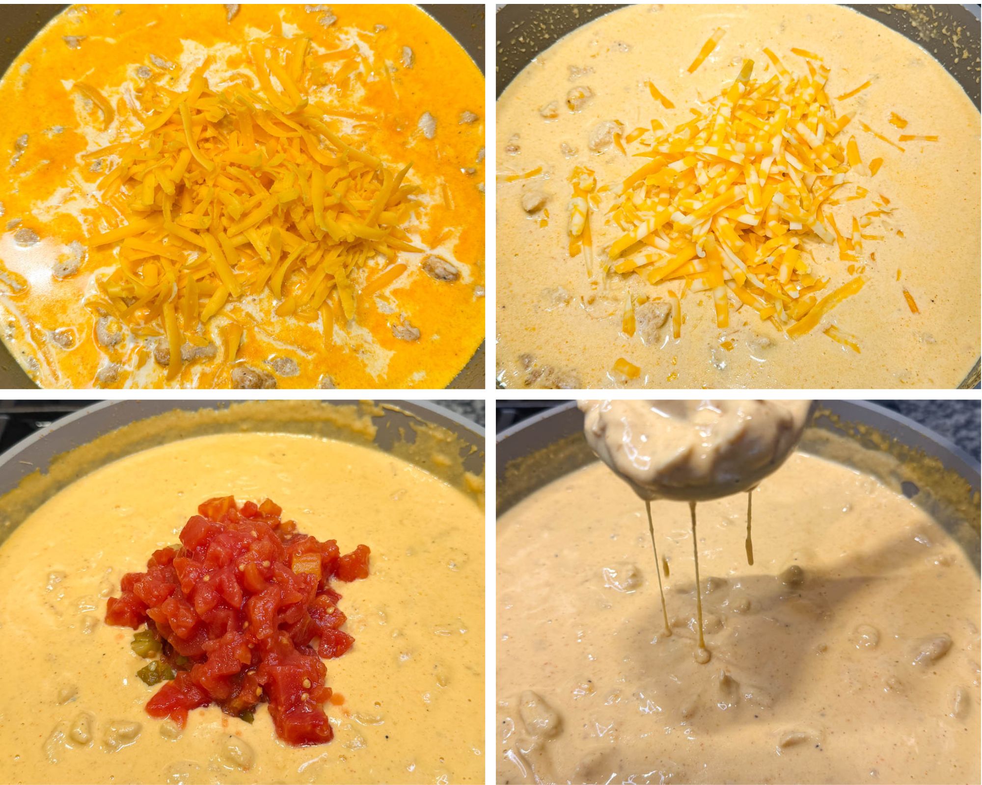 Collage showing the cheese sauce steps for Chicken Rotel Dip without Velveeta: shredded cheddar melting into the sauce, shredded Colby Jack melting, Rotel tomatoes added to the pot, and the finished cheese dip dripping from a ladle.