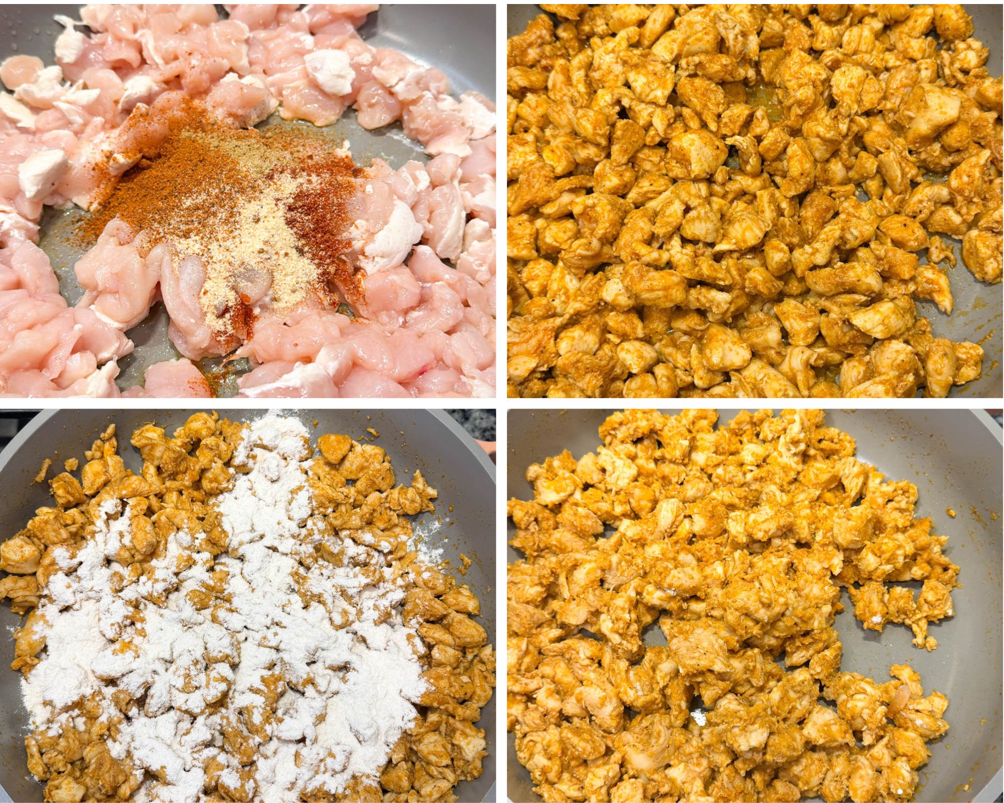 Collage showing the chicken cooking process for Chicken Rotel Dip: diced chicken seasoned in the pan, cooked chicken with taco seasoning, chicken coated in flour, and browned seasoned chicken ready for the cheese sauce.