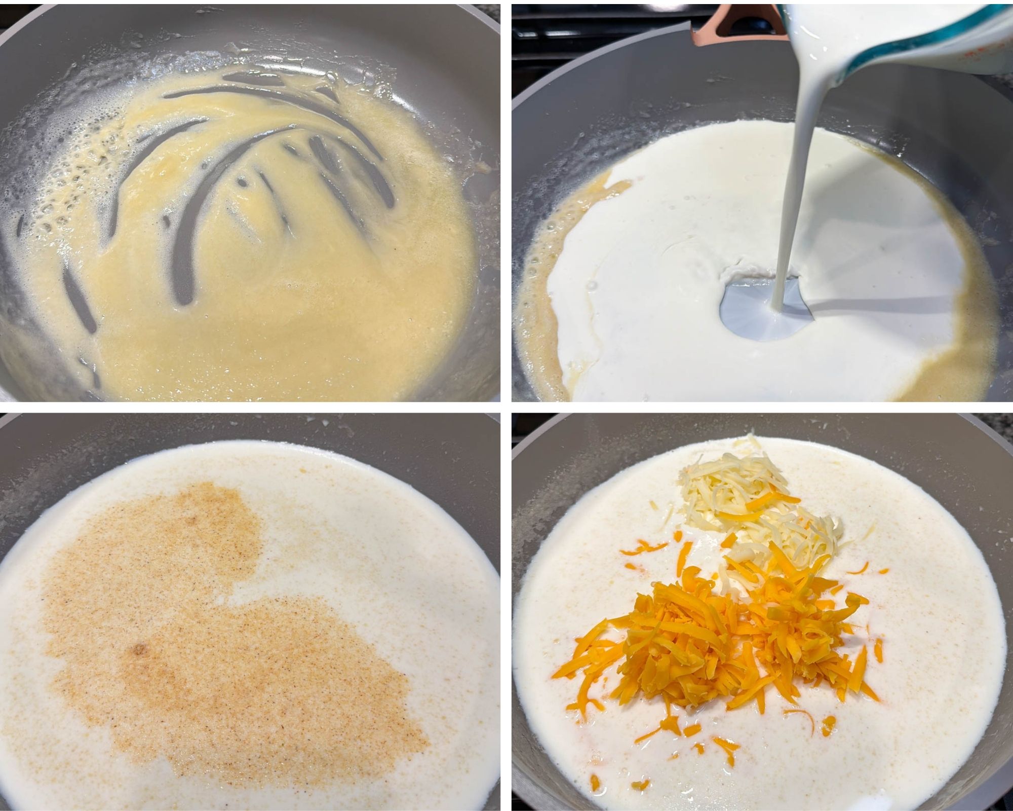 Four image collage showing butter and flour roux in a skillet, milk and cream being added, sauce seasoned, and shredded cheeses melted into the béchamel.
