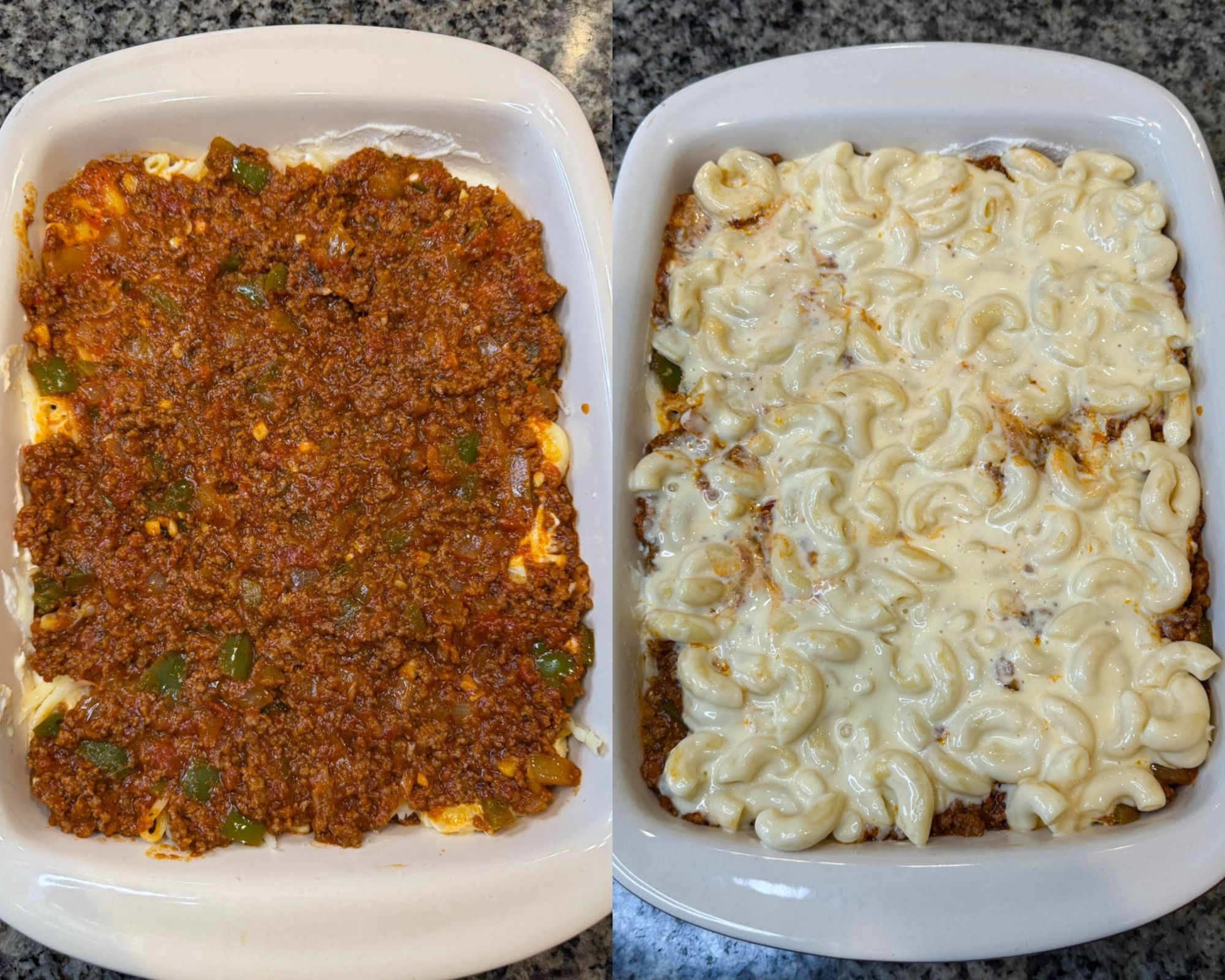 Two image collage showing assembling the lasagna: left image shows a layer of seasoned meat sauce in a white baking dish, right image shows elbows coated in cheese sauce layered over the meat.