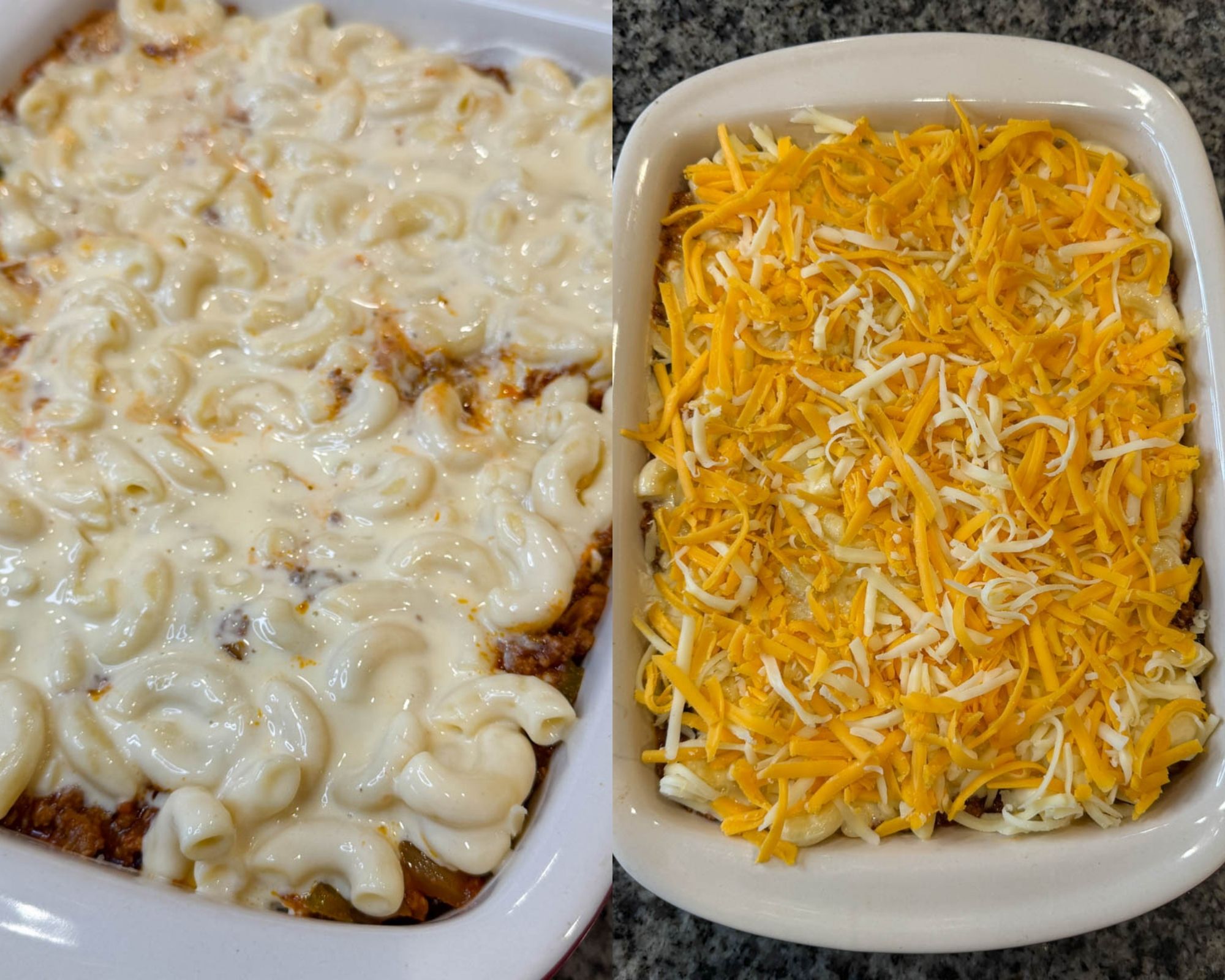Two image collage showing elbows coated in cheese sauce followed by a final topping of shredded cheddar and mozzarella before baking.