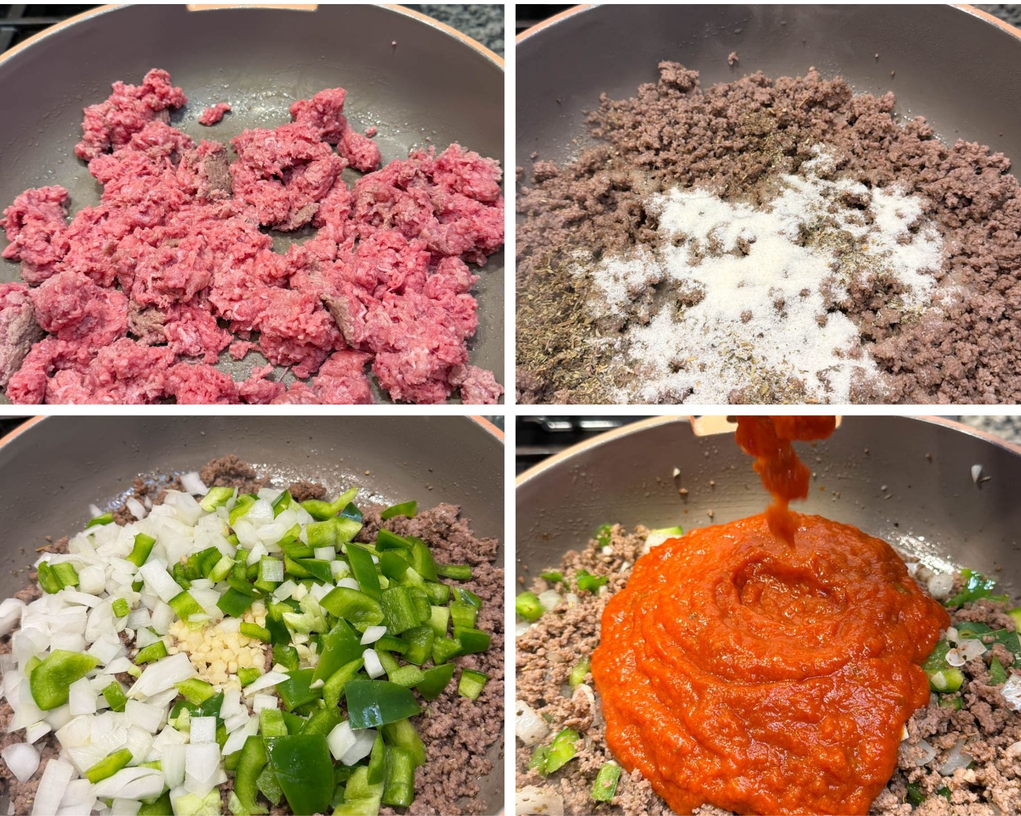 Four image collage showing ground beef cooking in a skillet, seasoned with spices, sautéed with onions, bell peppers, and garlic, then mixed with marinara sauce.