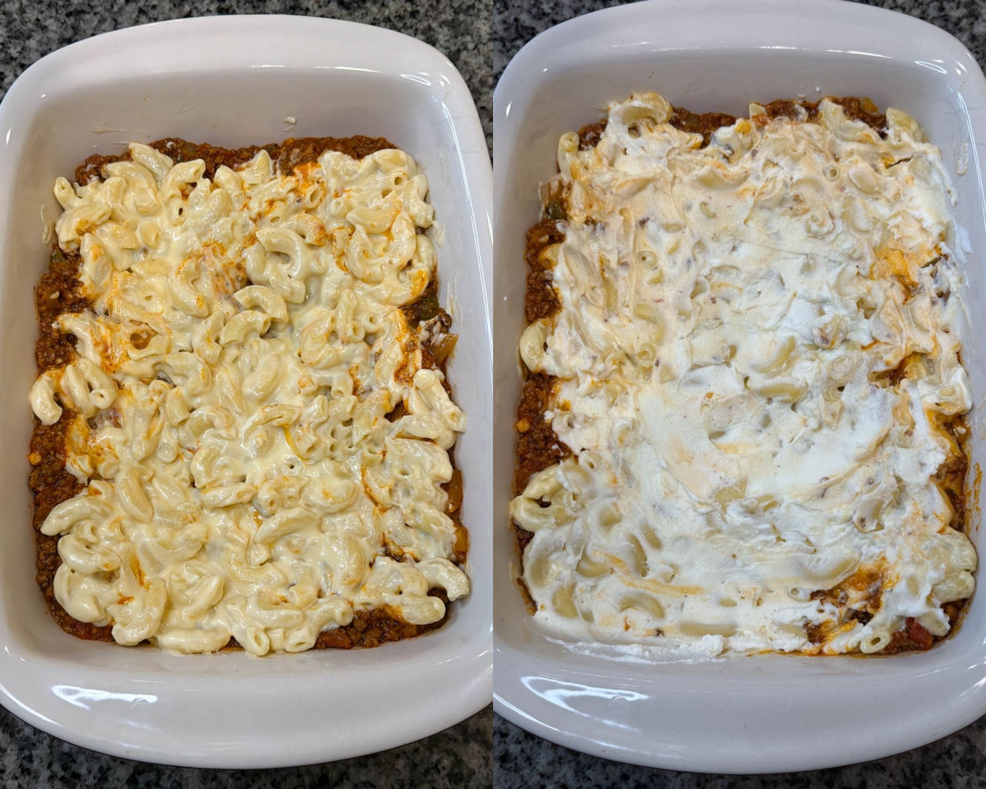 Two image collage showing cheesy elbows layered over meat sauce and spread with ricotta before baking.