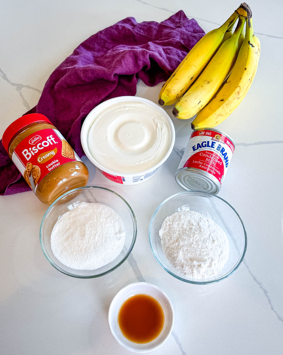 Biscoff banana pudding ingredients including cookie butter, cream cheese, sweetened condensed milk, bananas, powdered pudding mix, and vanilla extract.