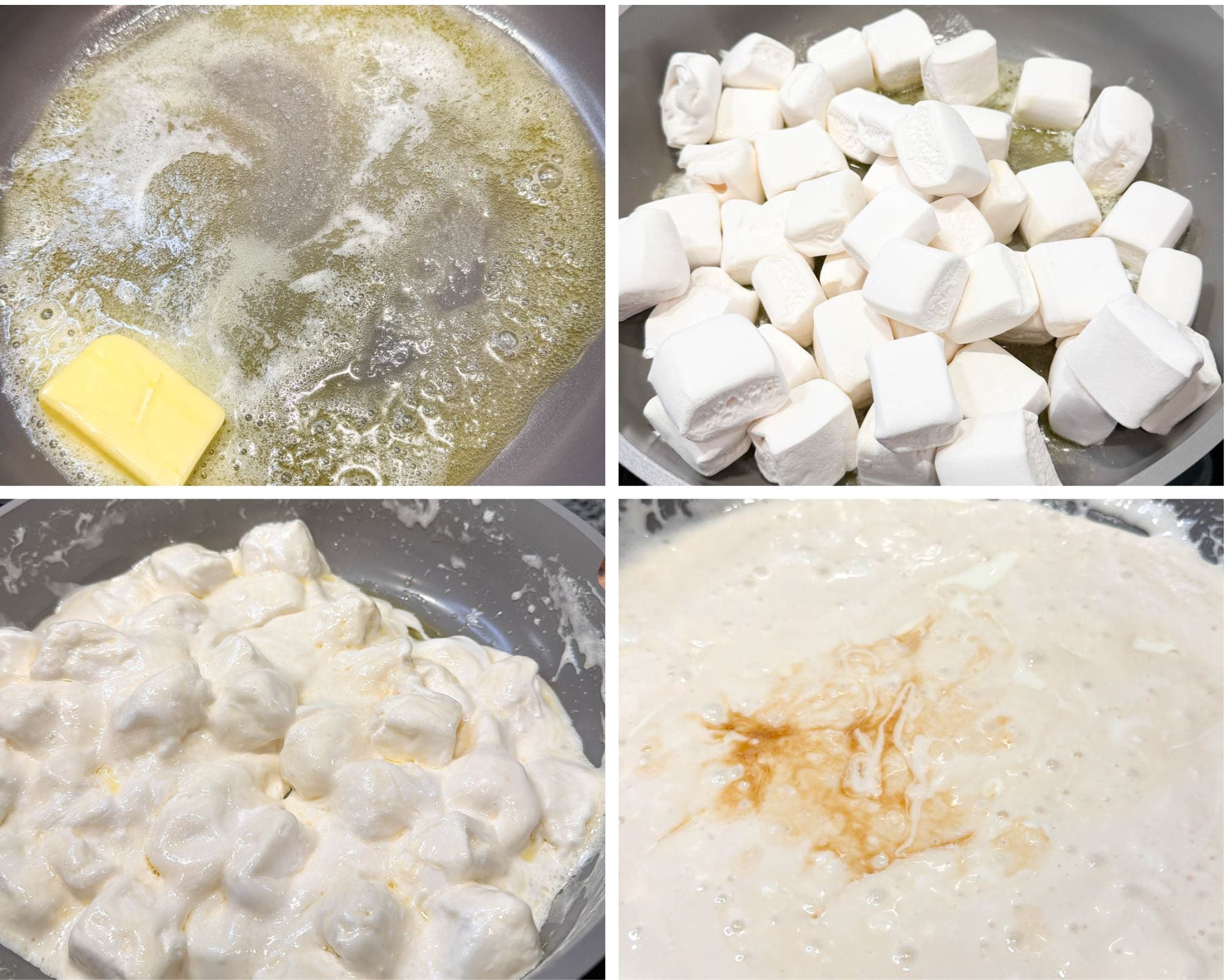 Step-by-step process of making protein Rice Krispie treats with melted butter, marshmallows softening in a pan, and vanilla added to the creamy mixture.