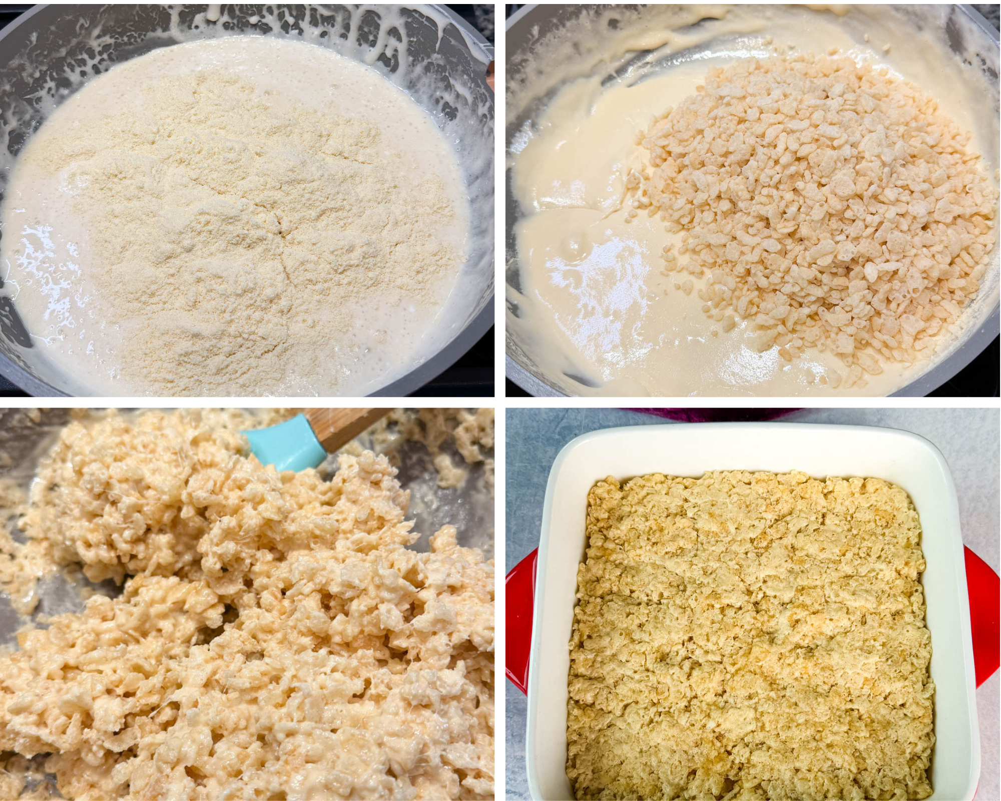 Step-by-step process of making protein Rice Krispie treats with melted marshmallow mixture, protein powder, cereal, and pressed mixture in a baking dish.
