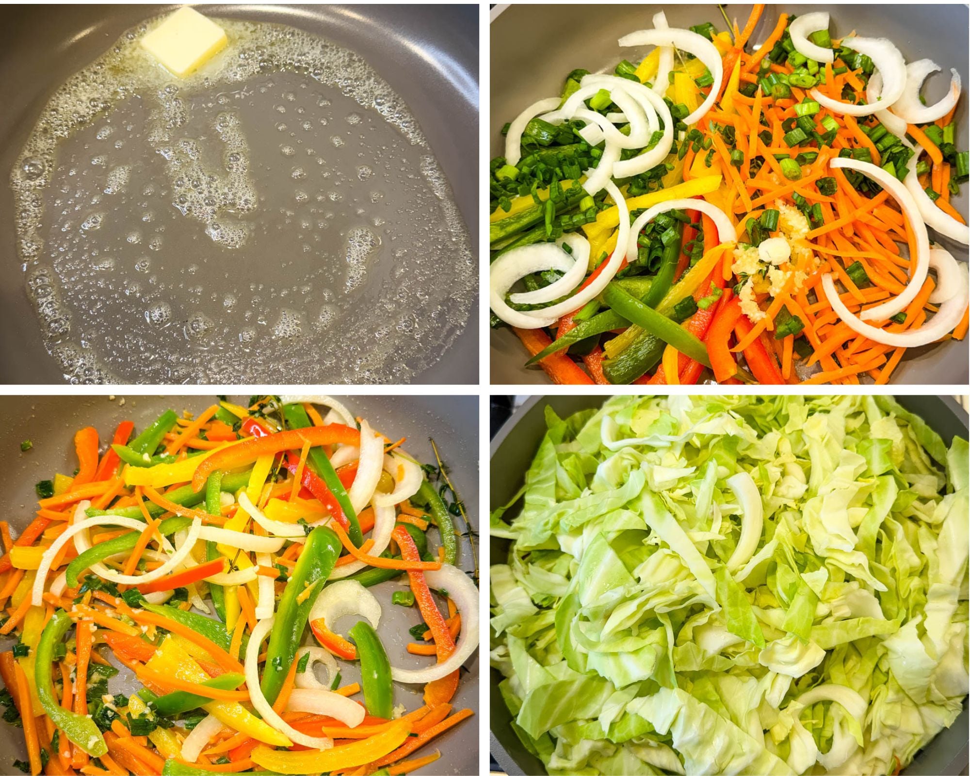 Steps showing butter melting in a pan, sautéing bell peppers, onions, carrots, and green onions, then adding chopped cabbage to cook Jamaican steamed cabbage.