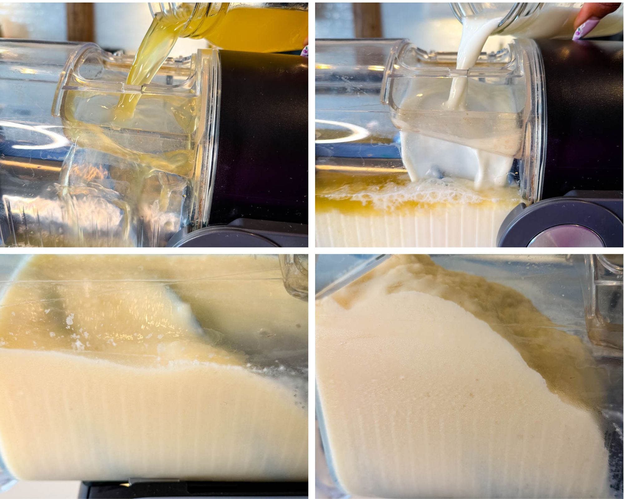 Step-by-step process of pouring pineapple juice and milk into Ninja Slushi machine and freezing into creamy Dole Whip