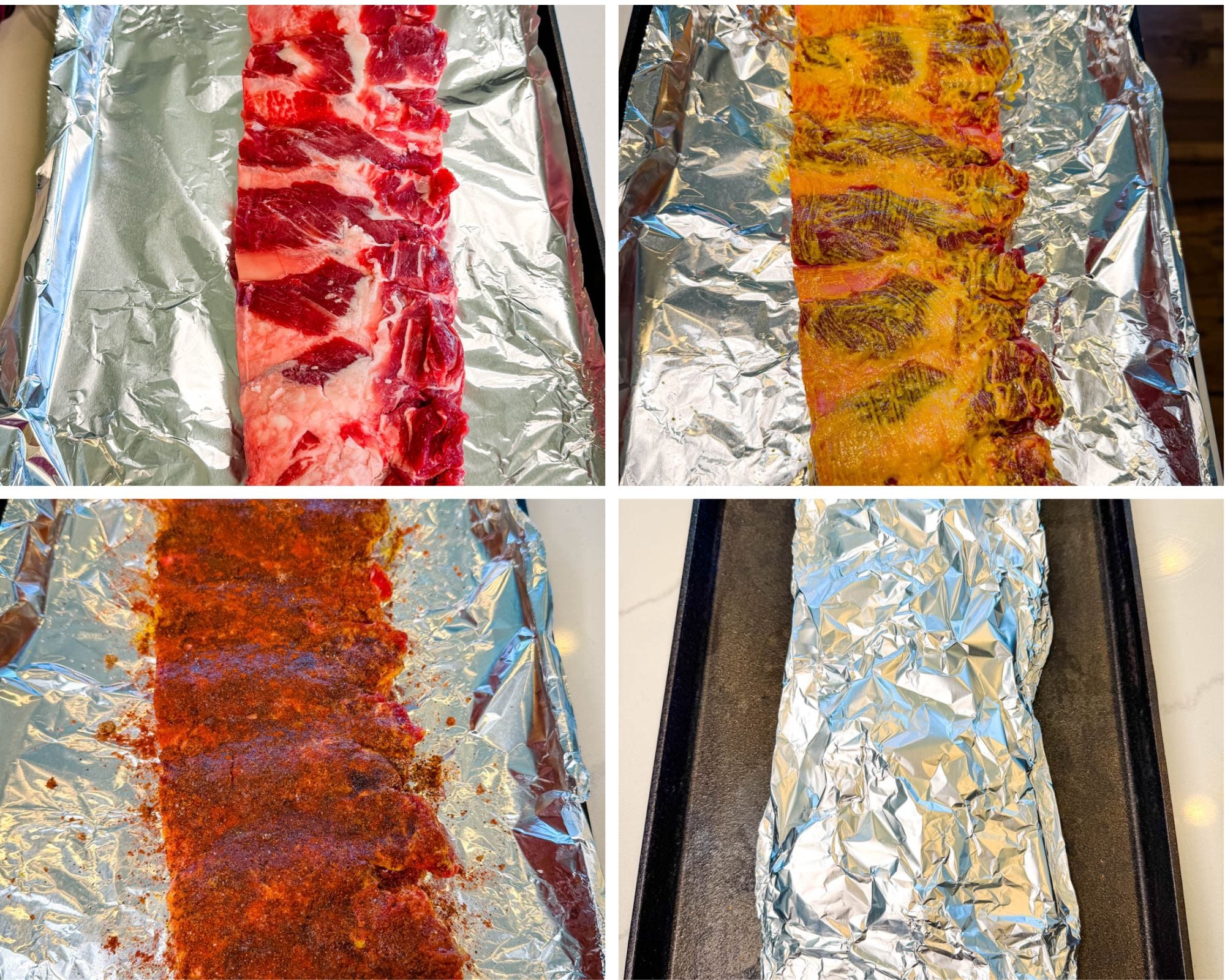 Step-by-step process of preparing beef back ribs on foil, raw ribs, coated with mustard, seasoned with BBQ rub, and wrapped for baking.