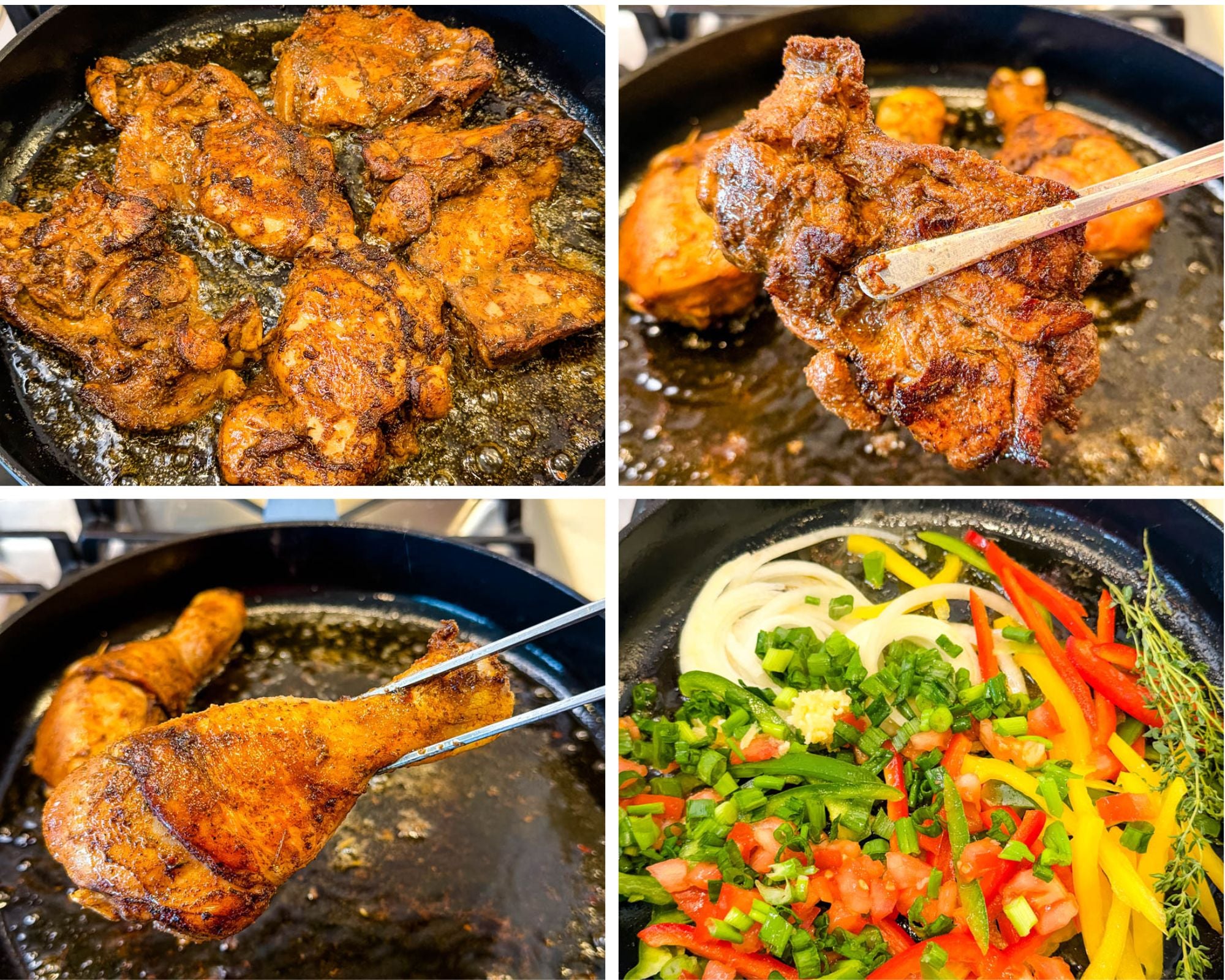 Brown stew chicken pieces searing in a skillet with deep golden crust alongside fresh sliced bell peppers, onions, green onions, garlic, and thyme.