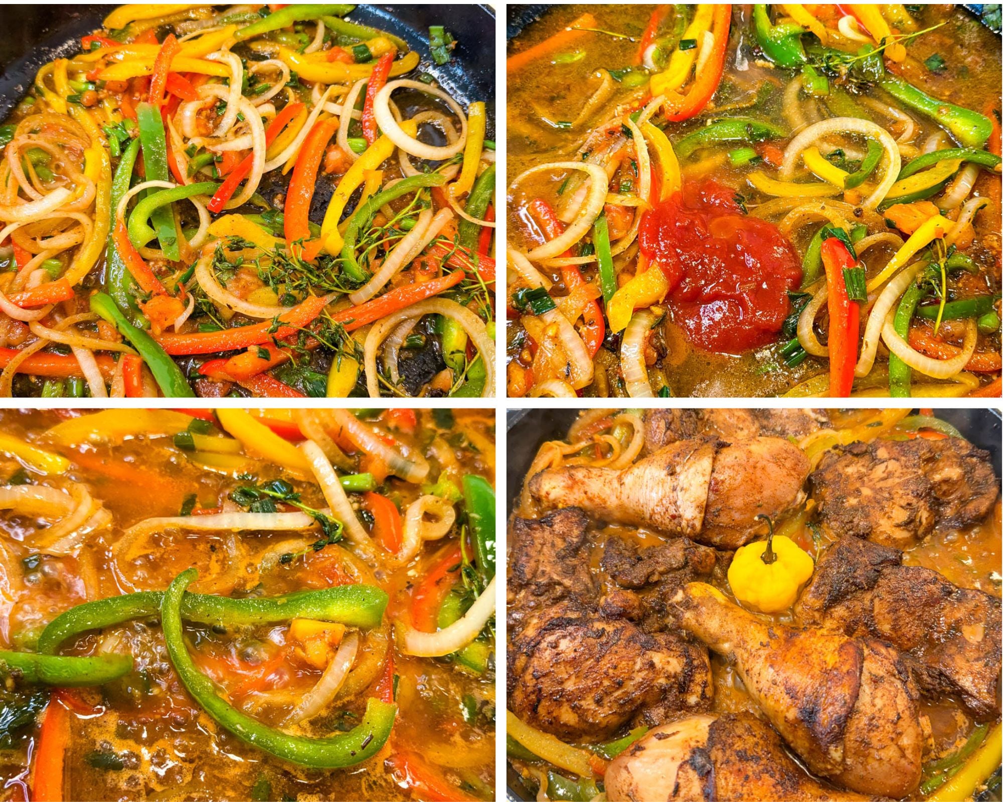 Colorful bell peppers and onions sautéing in a skillet with herbs and tomato sauce, then simmering into a rich brown stew gravy with chicken.