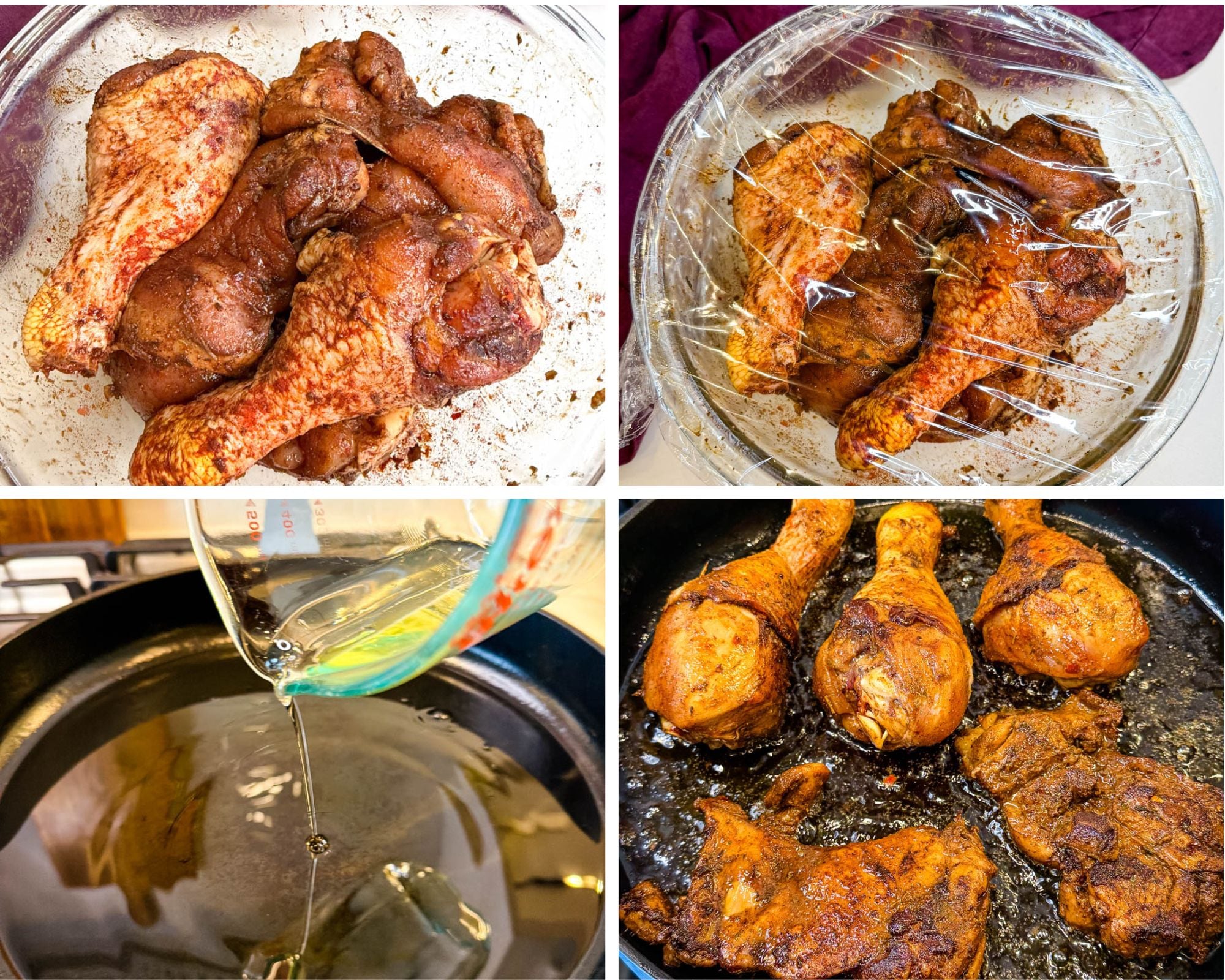 Seasoned chicken marinating in a bowl, oil being poured into a skillet, and chicken frying until browned and crispy.