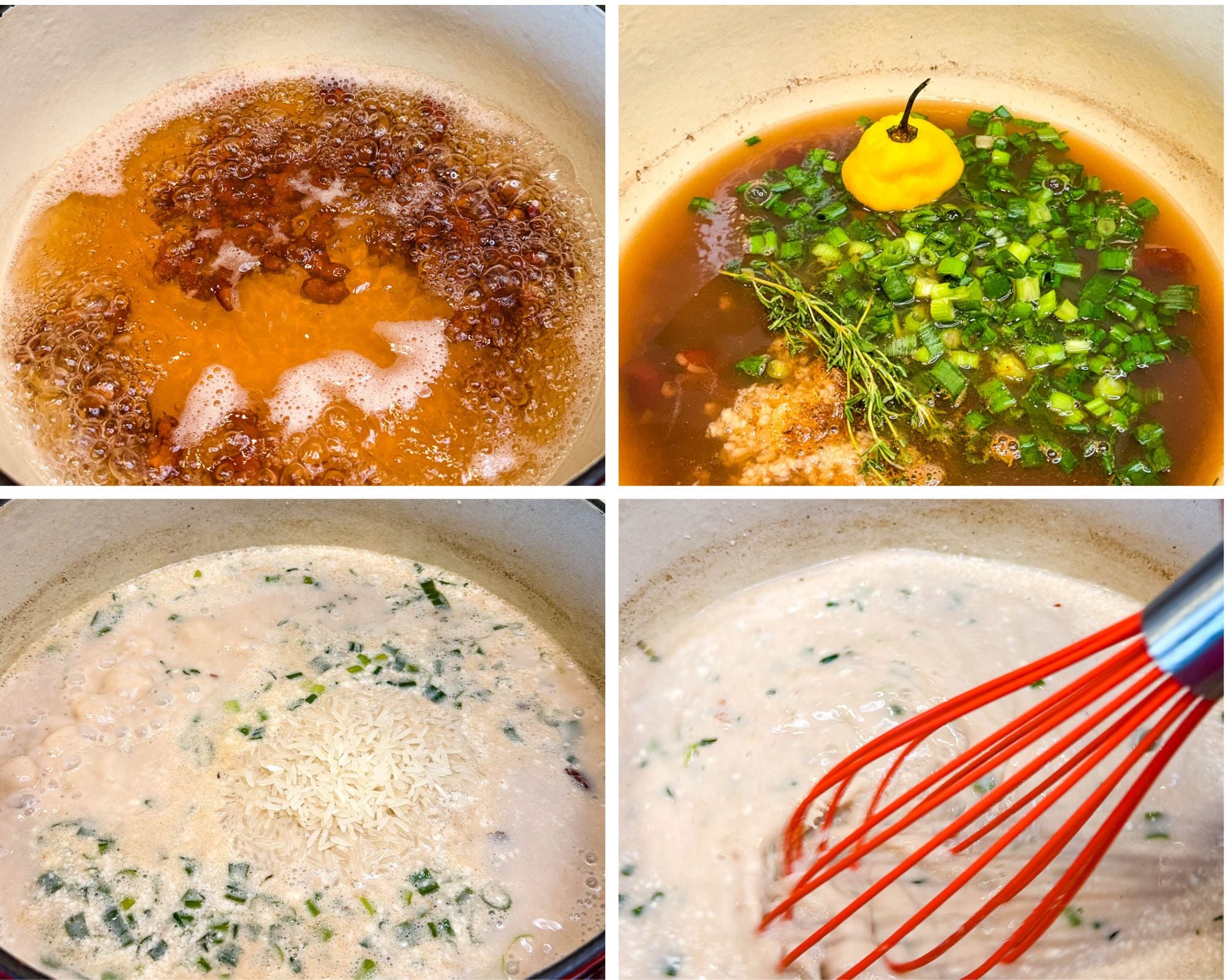 Kidney beans boiling, then simmering with coconut milk, green onions, thyme, garlic, and a whole scotch bonnet pepper before adding rice and stirring.