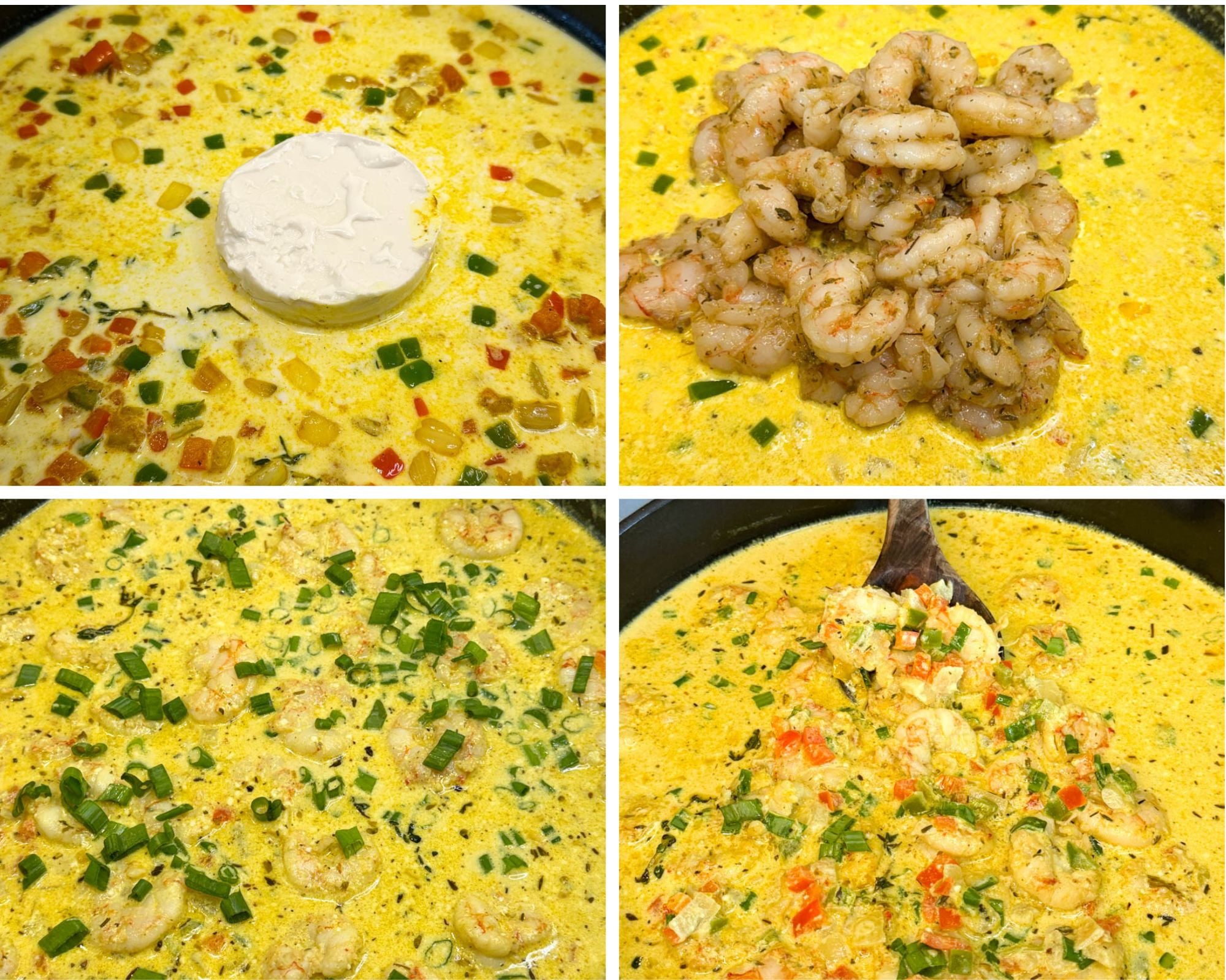 Step-by-step collage showing Jamaican curry shrimp being cooked with coconut milk, cream cheese, shrimp, bell peppers, green onions, and curry sauce simmering in a skillet.