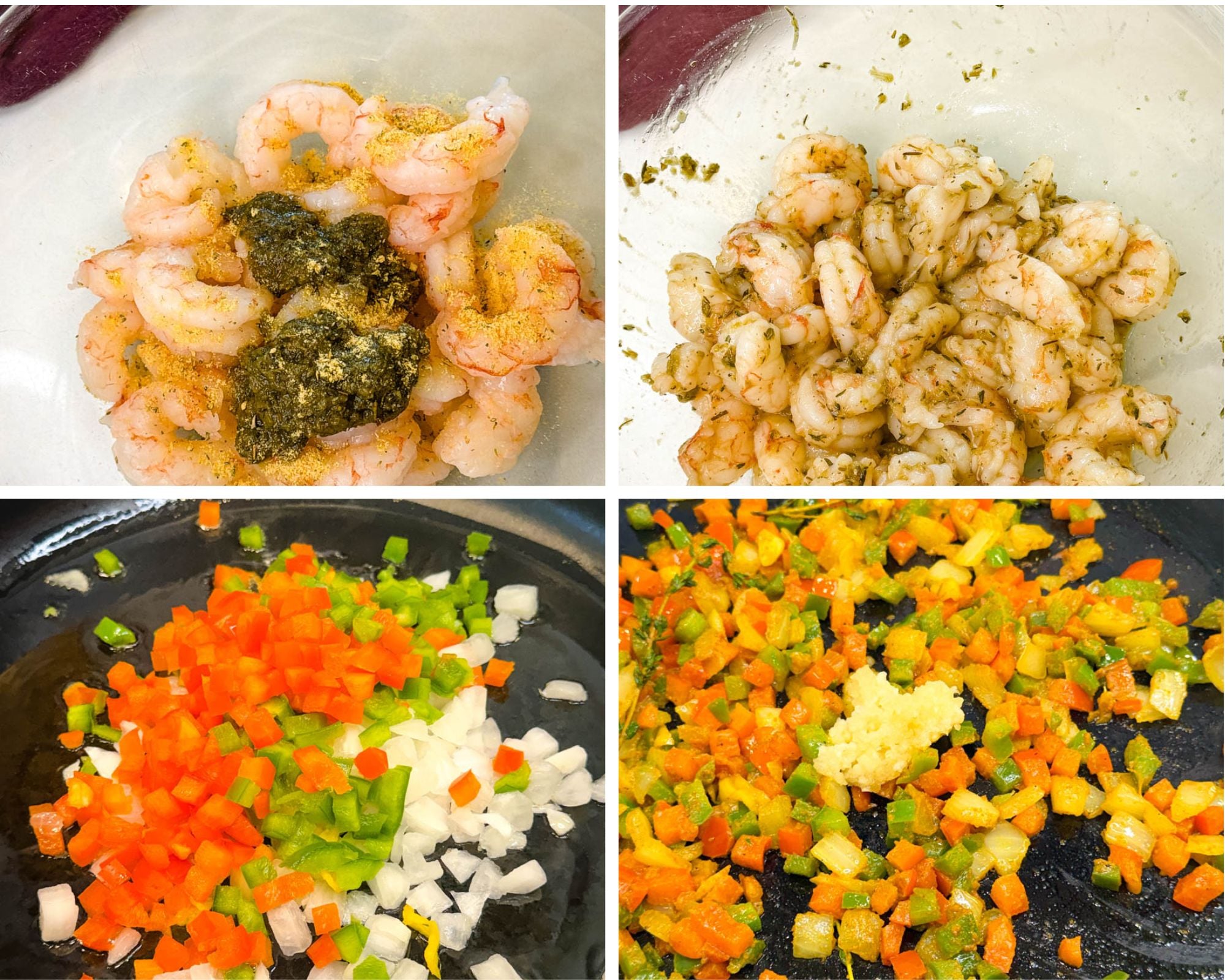 Process collage showing shrimp seasoned with green seasoning and all-purpose seasoning, diced vegetables sautéing in a skillet, and curry vegetables cooking with garlic and spices.