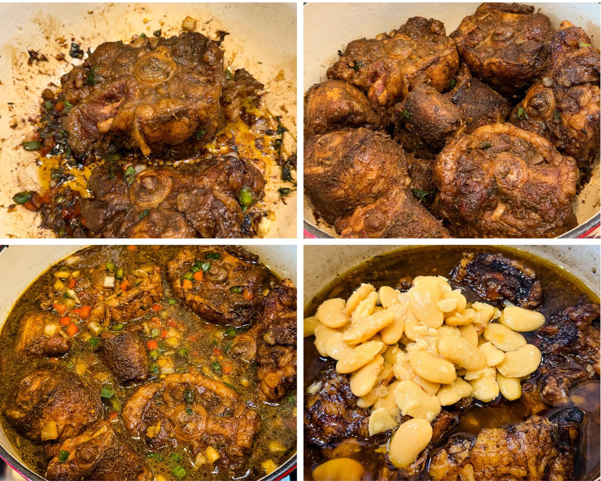 Step-by-step collage showing Jamaican oxtail browning in a Dutch oven, simmering in gravy, and finished with butter beans added to the pot.