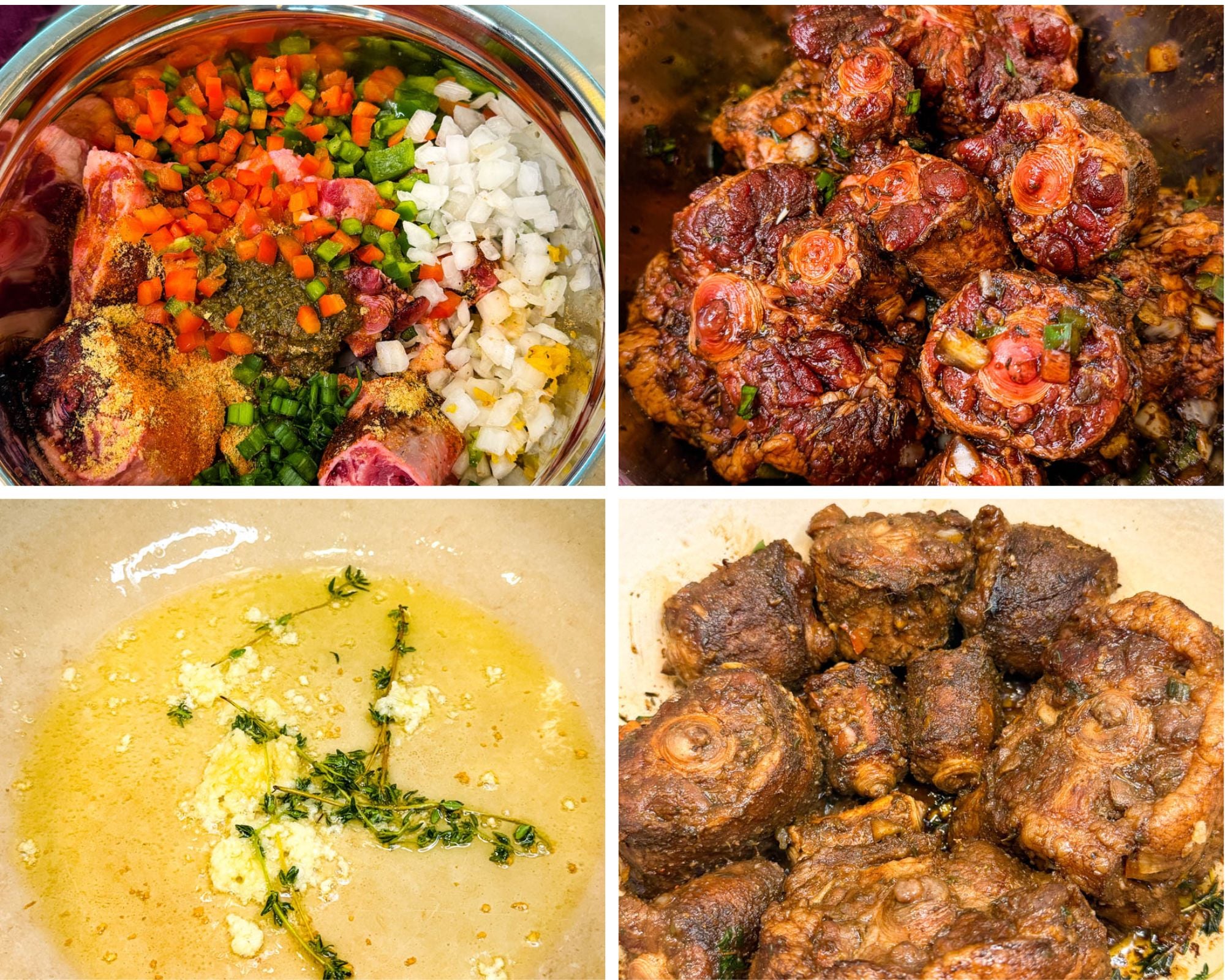 Process collage featuring seasoned raw oxtail, browned oxtail, sautéed garlic and thyme, and oxtail cooking down in a Dutch oven.