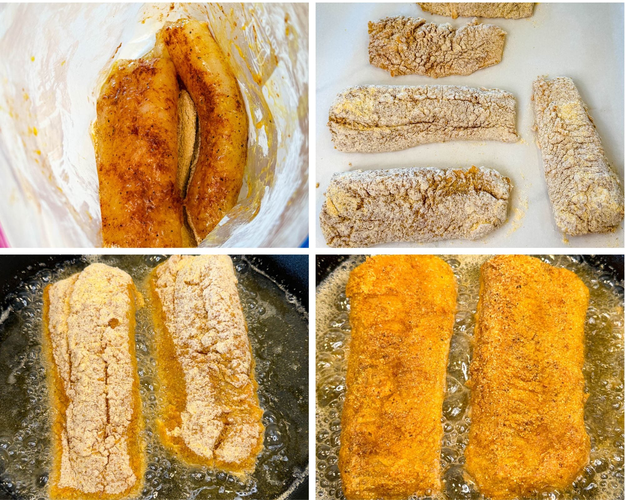 Collage showing seasoned cod marinating, breaded cod fillets before frying, and cod frying in hot oil until golden brown and crispy.