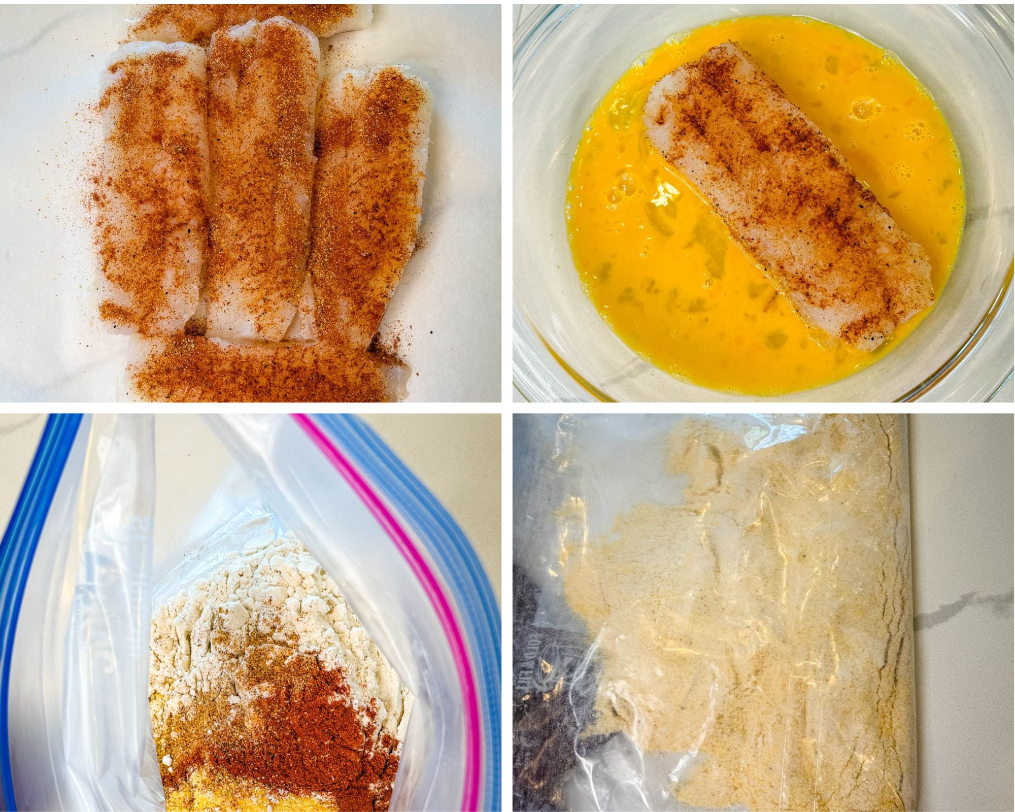 Collage showing cod fillets being seasoned, dipped into egg wash, and coated in seasoned flour mixture inside plastic bags.