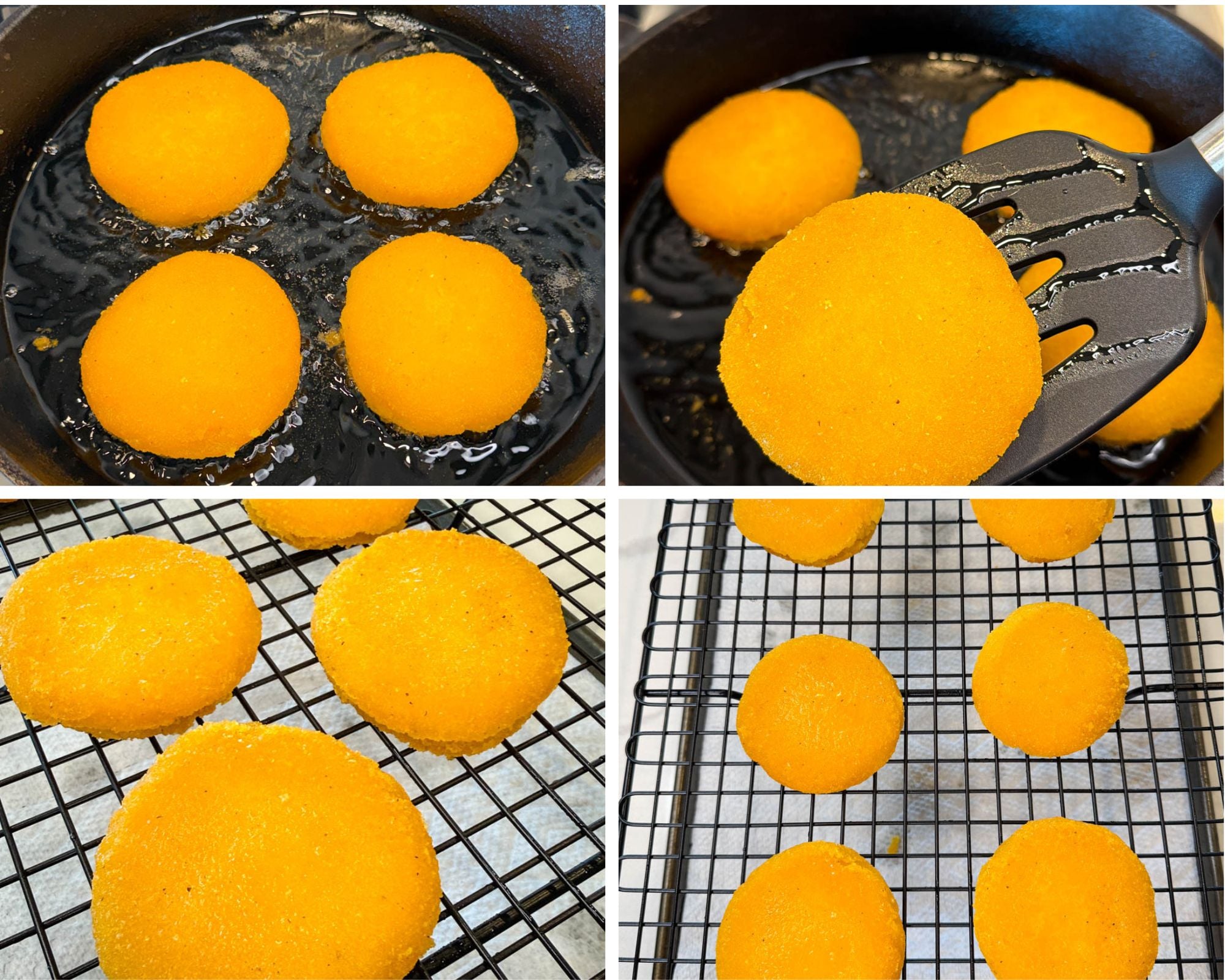 Collage showing hot water cornbread frying in a cast iron skillet, golden cornbread patties being flipped with a spatula, and finished cornbread cooling on a wire rack.