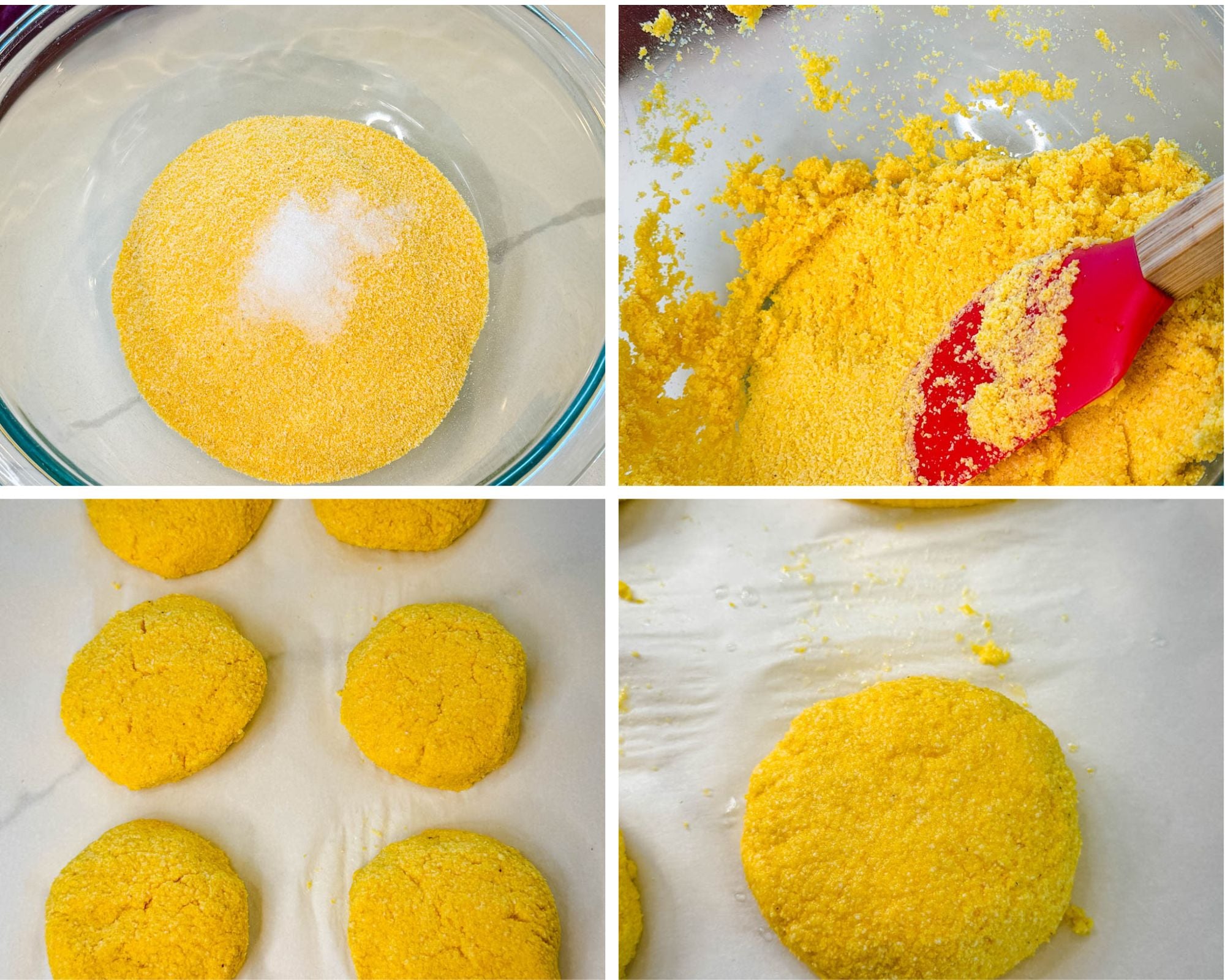 Collage showing cornmeal and salt in a glass mixing bowl, hot water cornbread mixture being stirred, shaped cornbread patties on parchment paper, and a close-up of formed patties before frying.
