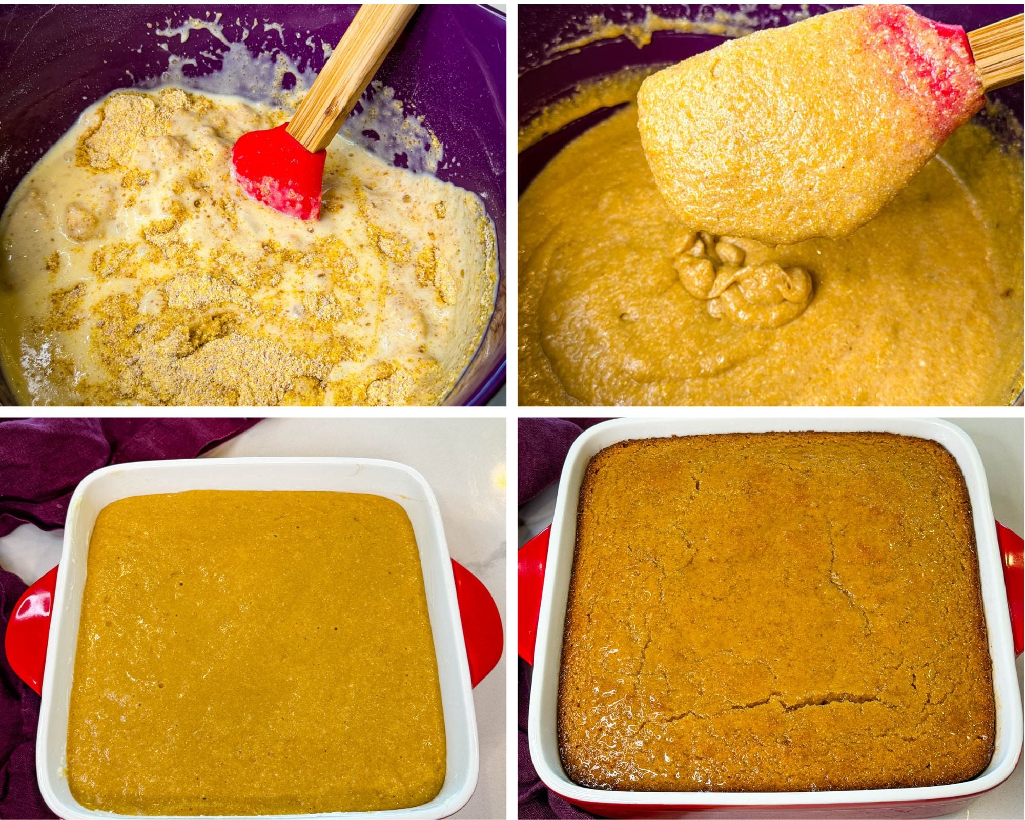 Step-by-step collage showing cornbread batter being mixed, the smooth finished batter, batter poured into a baking dish, and freshly baked cornbread.