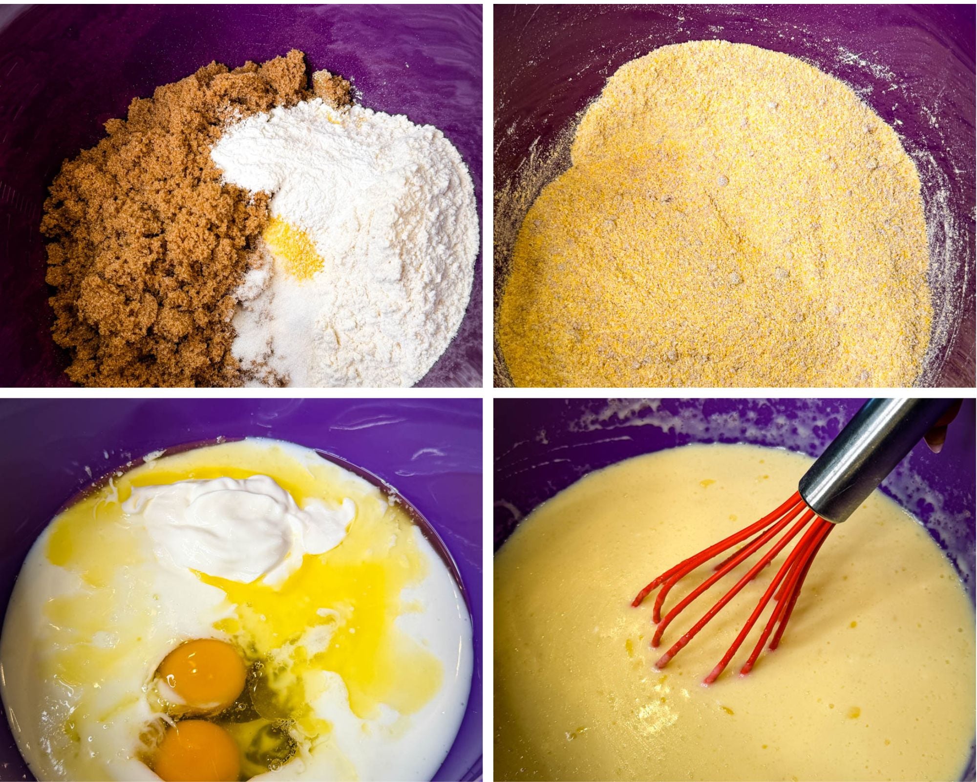 Process collage showing dry ingredients in a mixing bowl, wet ingredients added, batter whisked until smooth, and the finished cornbread batter ready for baking.