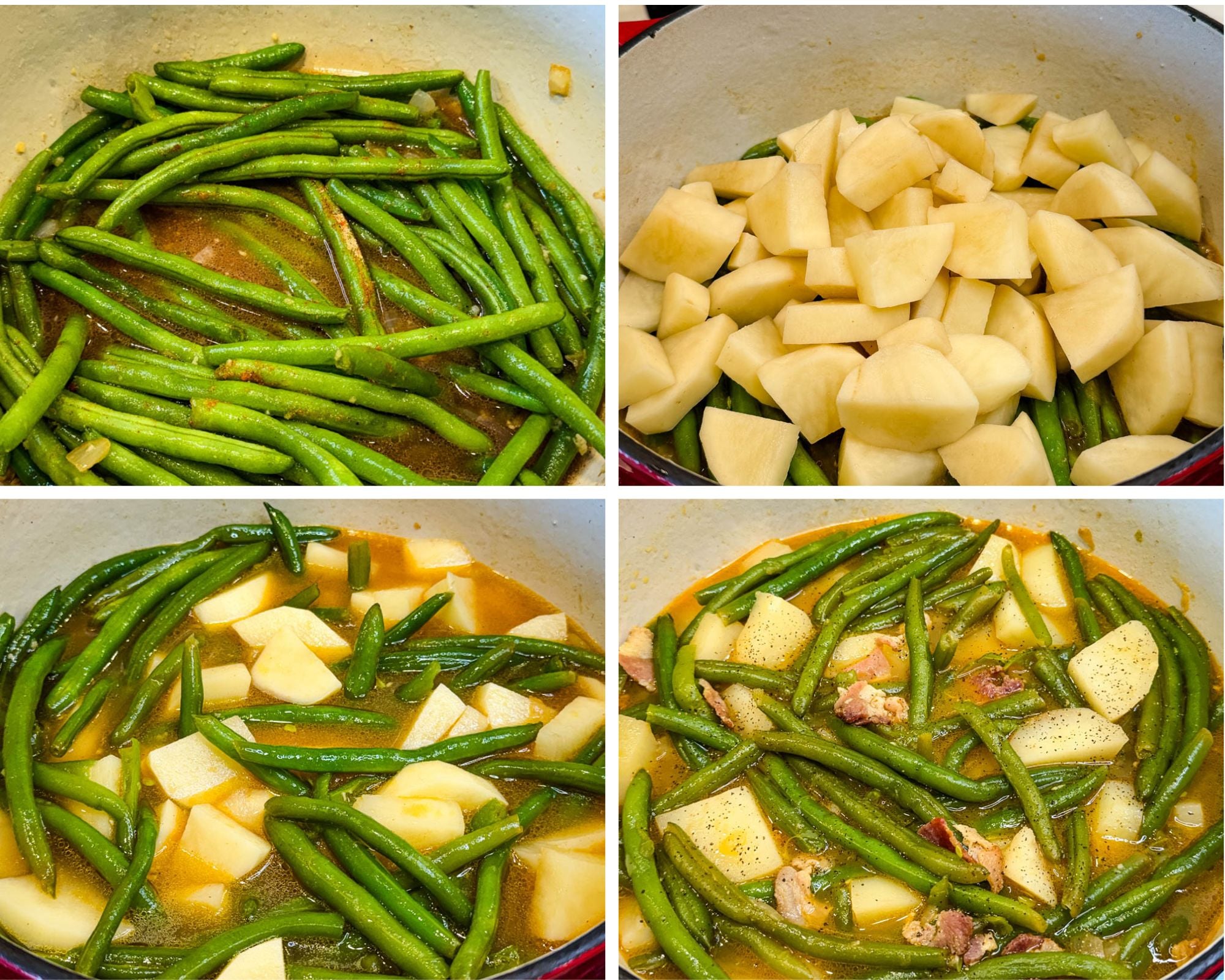 Step-by-step collage showing fresh green beans simmering in seasoned broth, potatoes added to the pot, and Southern green beans with potatoes cooking until tender.