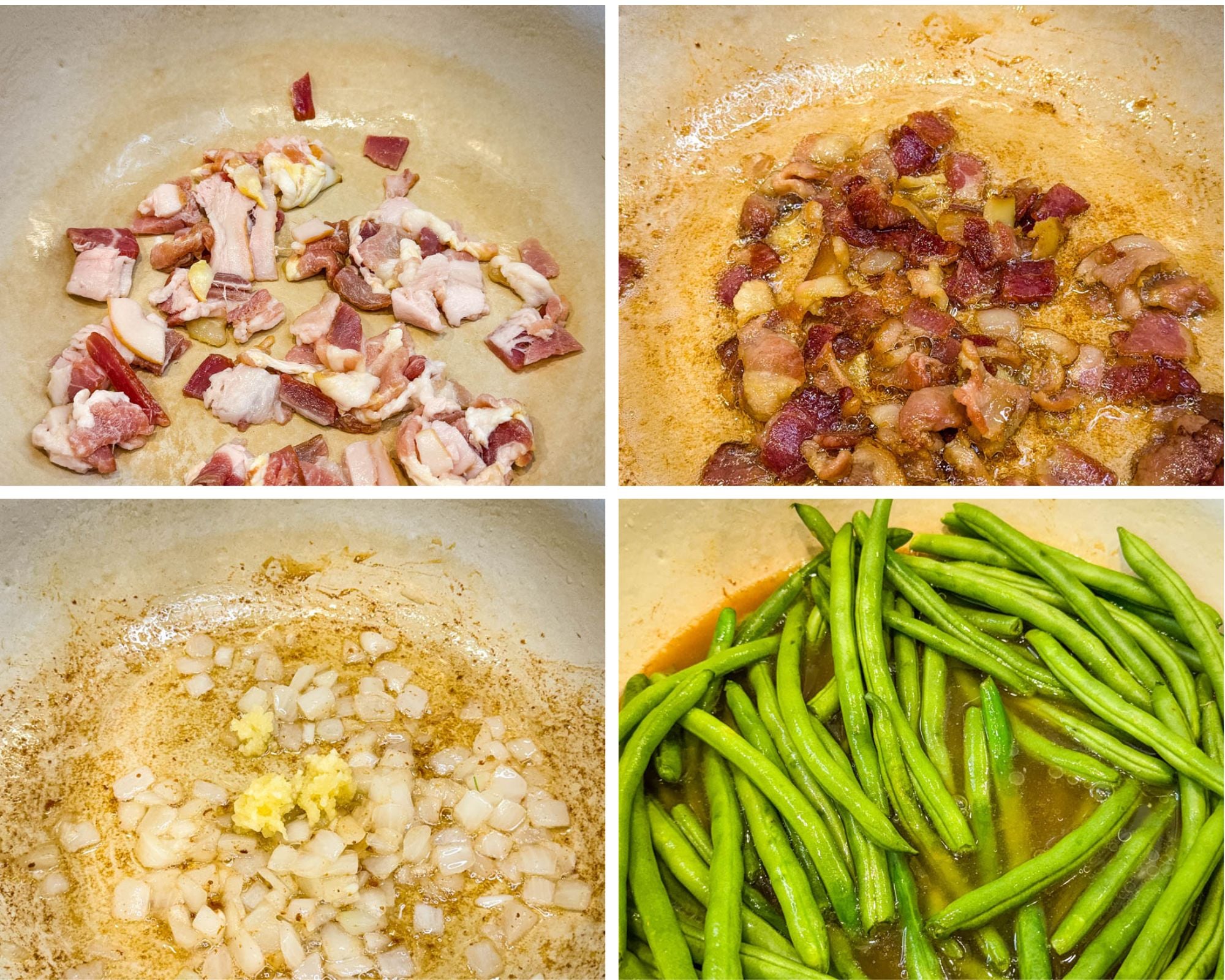 Step-by-step collage of bacon, onions, and garlic sautéed in a Dutch oven before adding fresh green beans and broth for Southern green beans and potatoes.