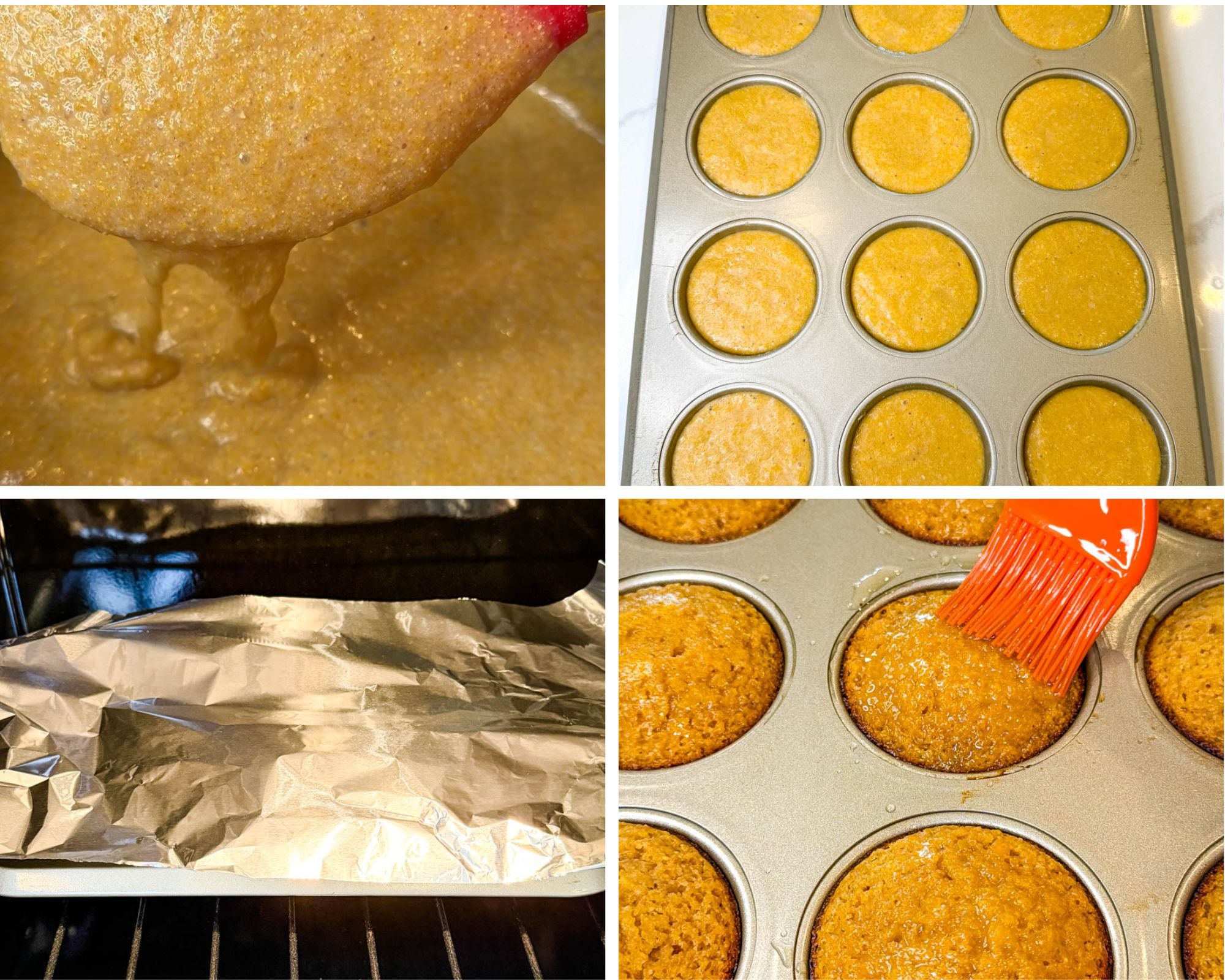 Honey cornbread muffin batter being mixed, portioned into a muffin pan, covered with foil while baking, and brushed with honey butter glaze after baking.
