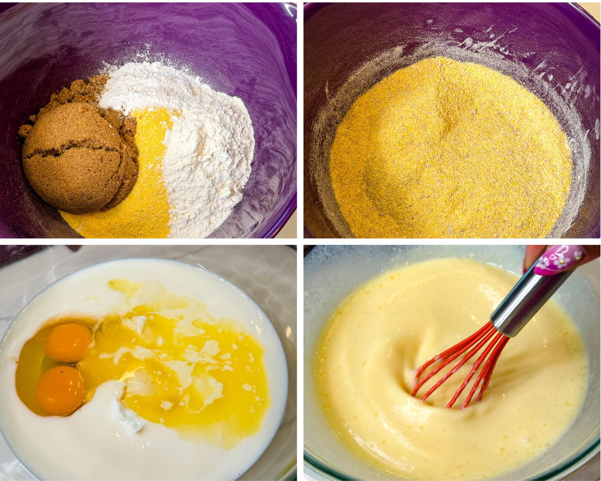 Dry ingredients and wet ingredients for honey cornbread muffins shown separately, followed by the smooth batter after mixing and whisking.