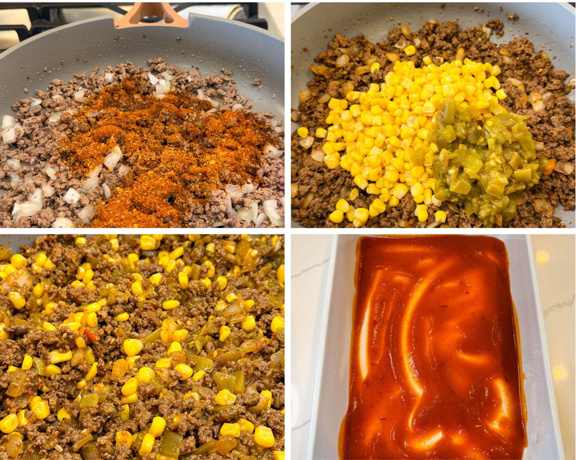 Ground beef is cooked with onions and taco seasoning before corn and diced green chiles are added to the skillet for enchilada casserole filling.