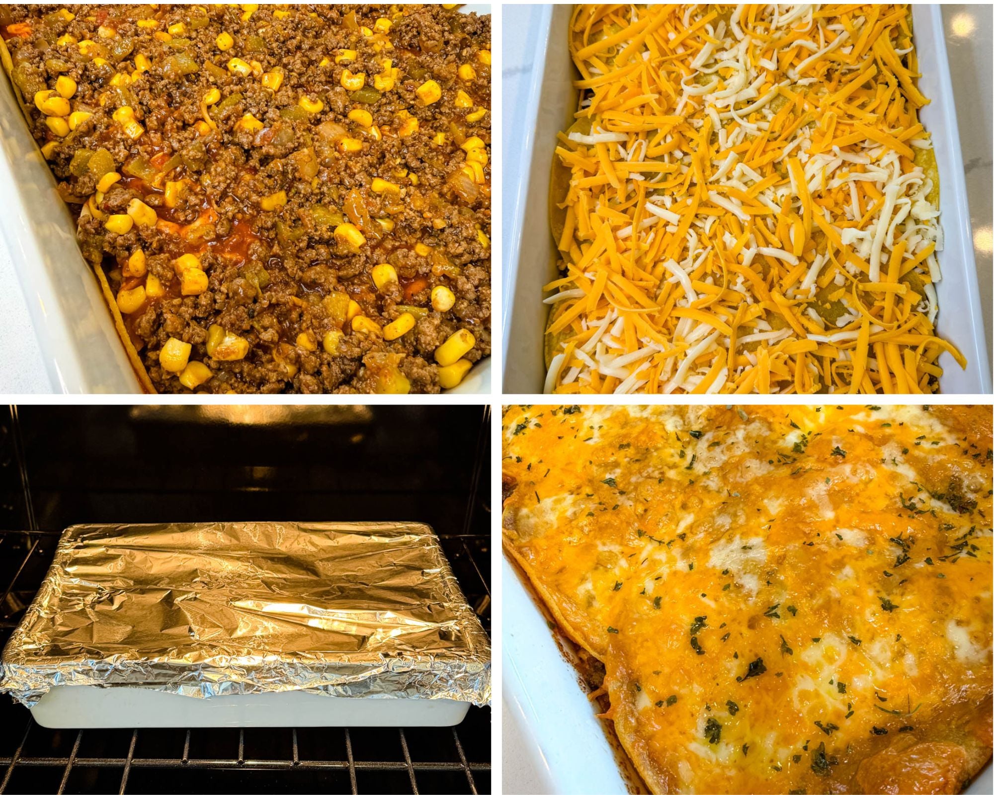Layers of seasoned beef filling, corn tortillas, enchilada sauce, and shredded cheese are assembled in a casserole dish before baking until bubbly and golden.