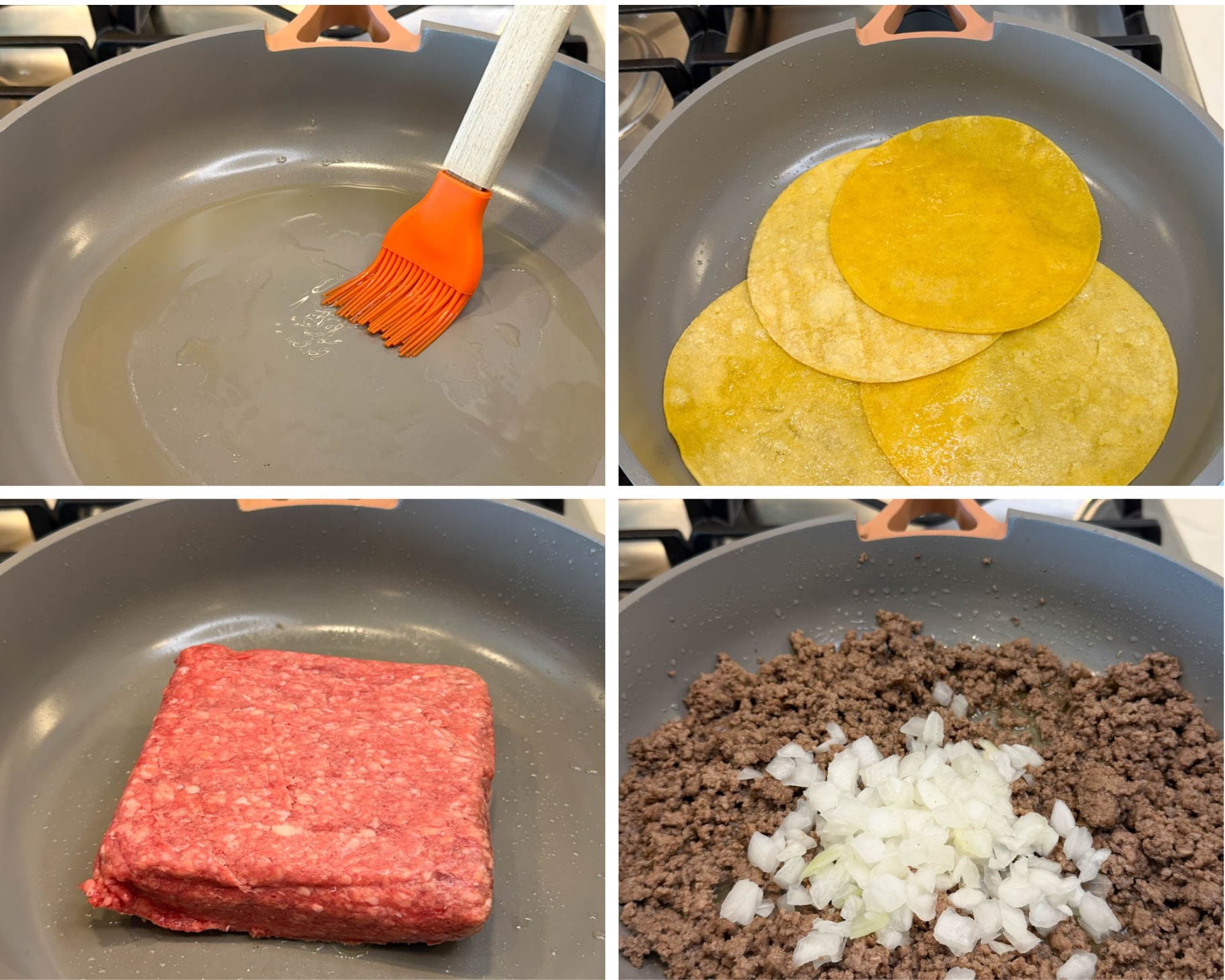Oil is brushed onto a skillet to lightly fry corn tortillas while ground beef cooks with diced onions for homemade enchilada casserole.