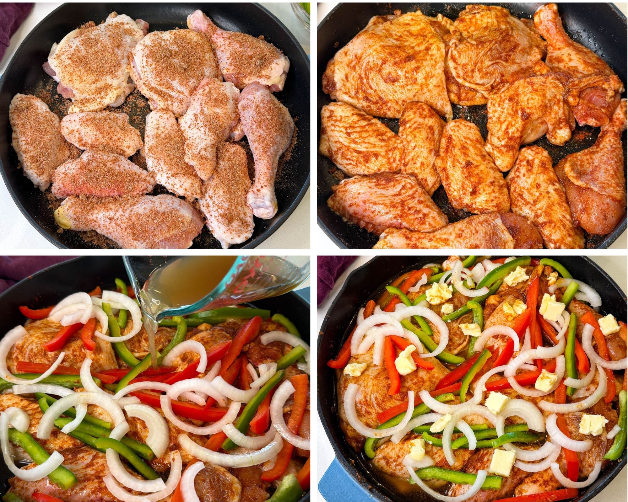 Step-by-step collage showing chicken seasoned, browned, topped with peppers and onions, and prepared for baking in a cast iron skillet.