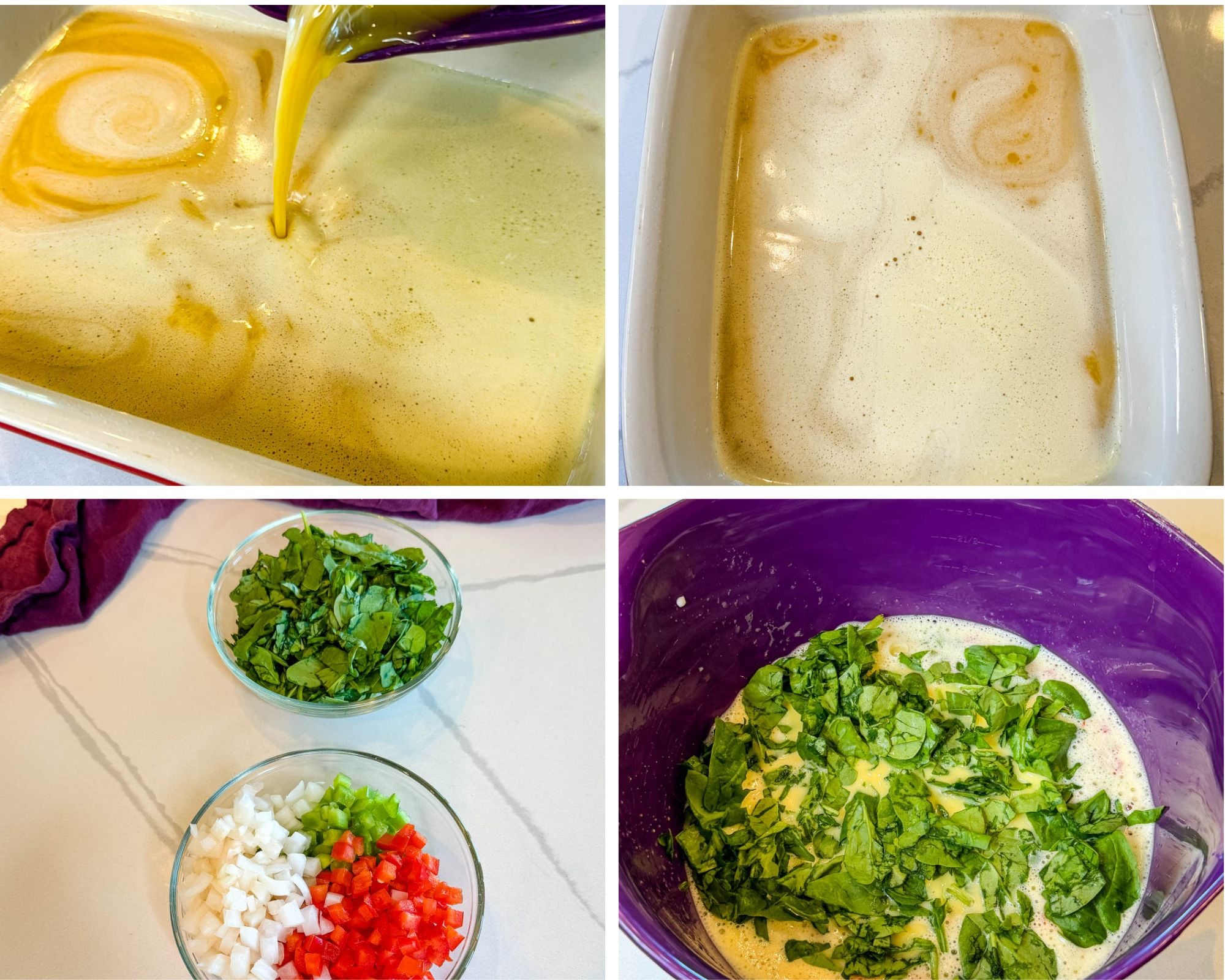 Collage showing whisked eggs being poured into a baking dish, bowls of chopped spinach and vegetables, and vegetables being added to the egg mixture before baking.