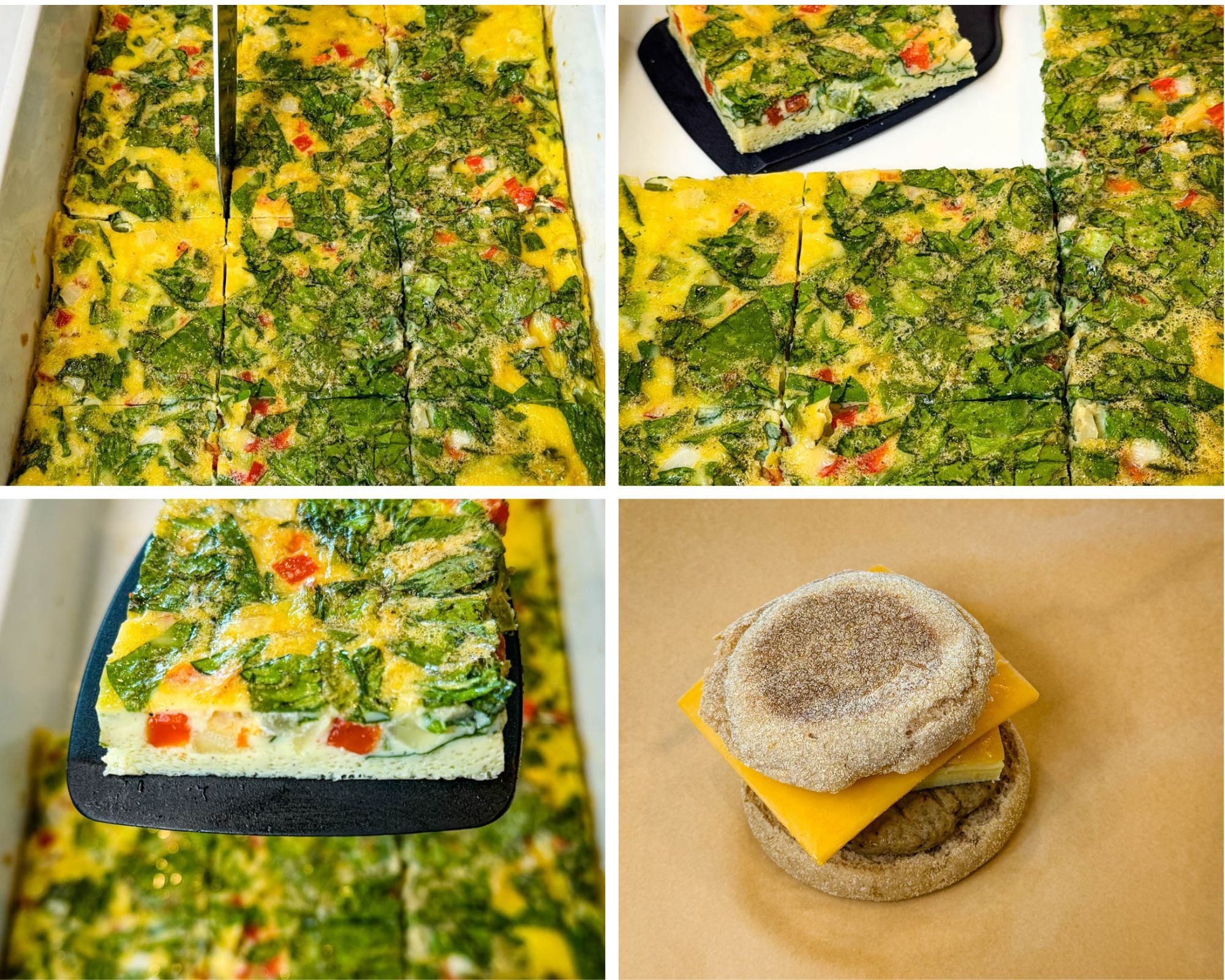 Collage of baked vegetable eggs cut into squares with spinach, peppers, and onions, a close-up of an egg square, and a breakfast sandwich assembled with an egg square, cheese, sausage, and an English muffin.