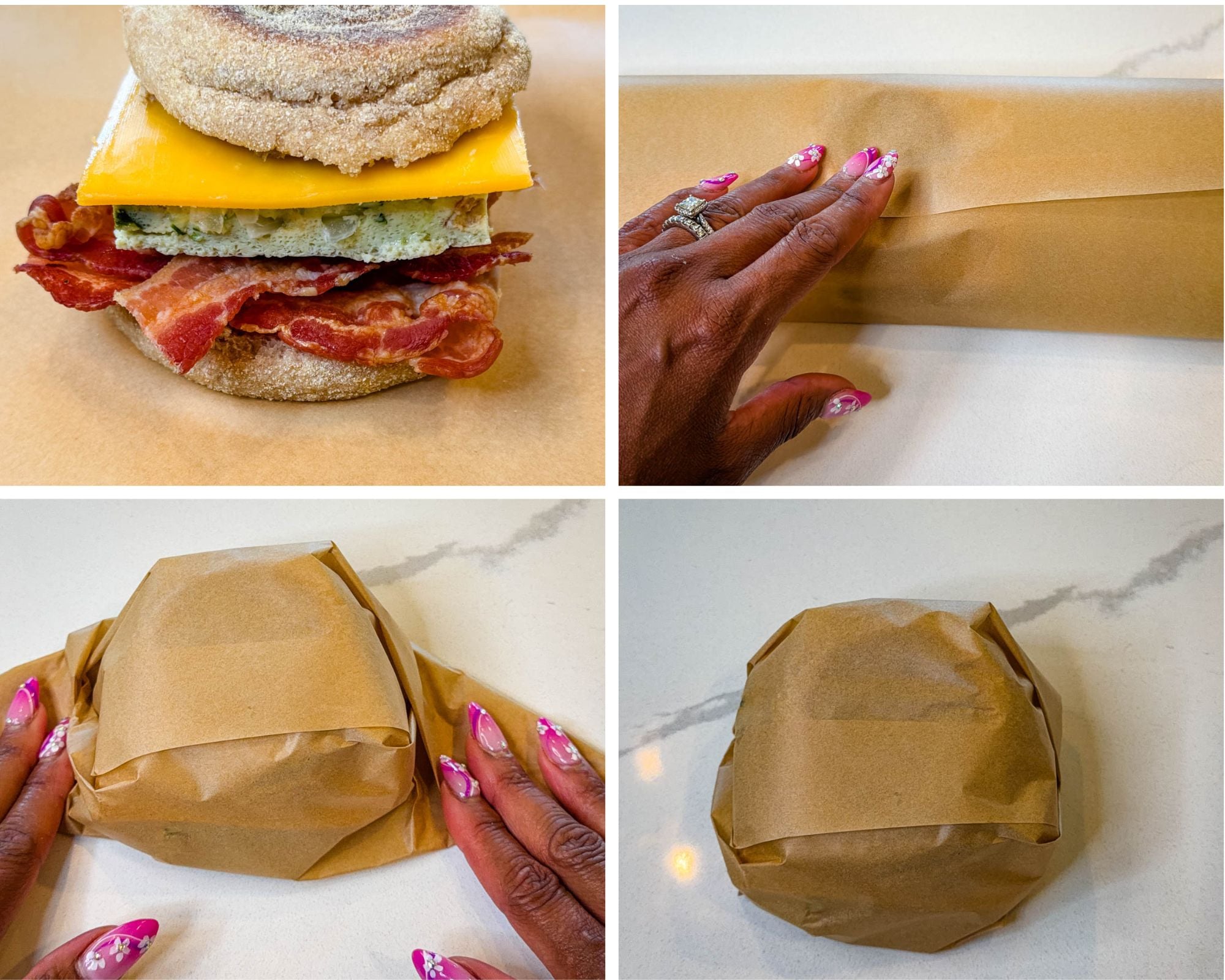 Collage showing a breakfast sandwich being assembled with bacon, eggs, and cheese on an English muffin, followed by step-by-step wrapping in parchment paper for freezer storage.