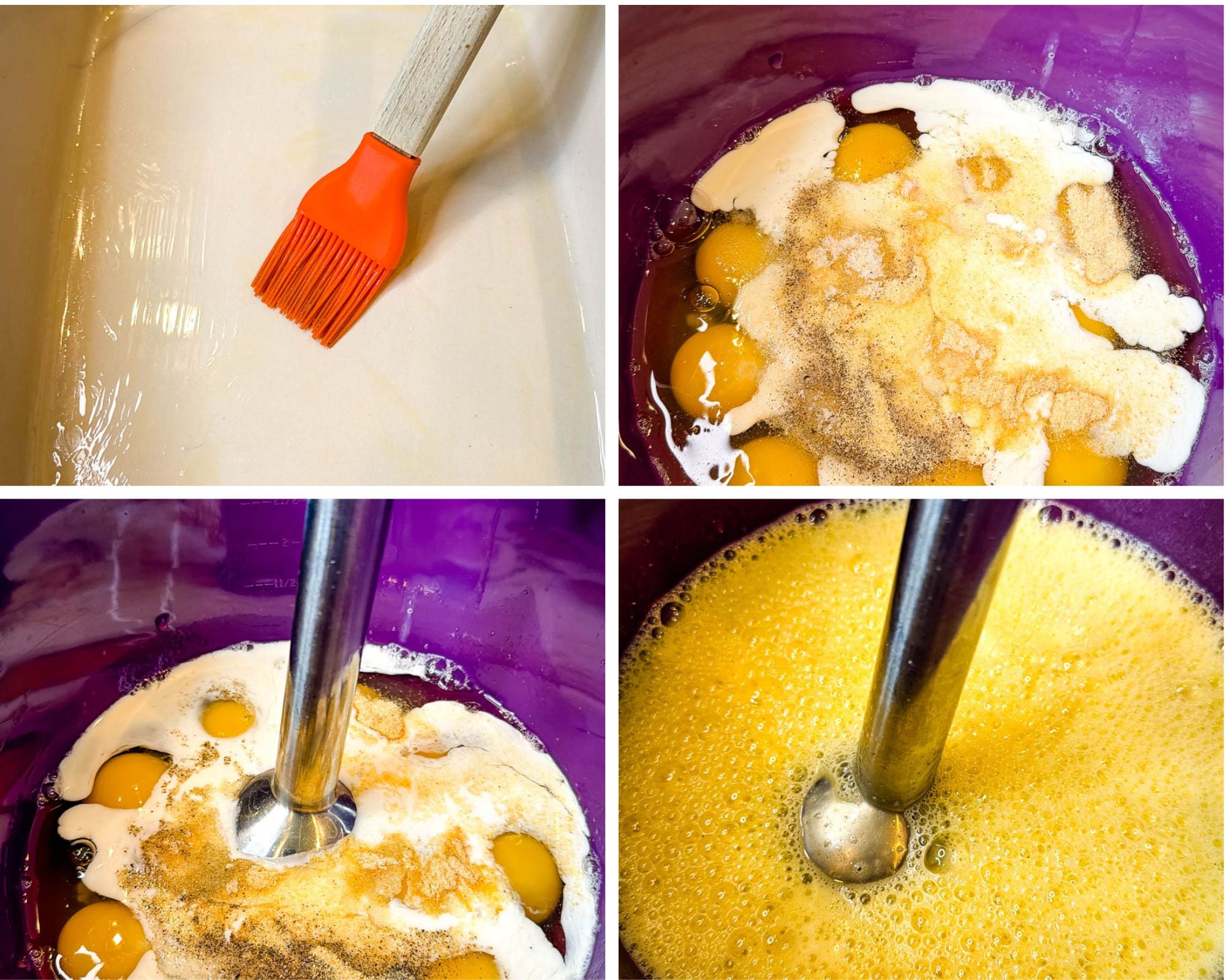 Collage showing a greased baking dish, eggs with milk and seasonings in a mixing bowl, an immersion blender mixing the eggs, and a smooth whisked egg mixture ready for baking.