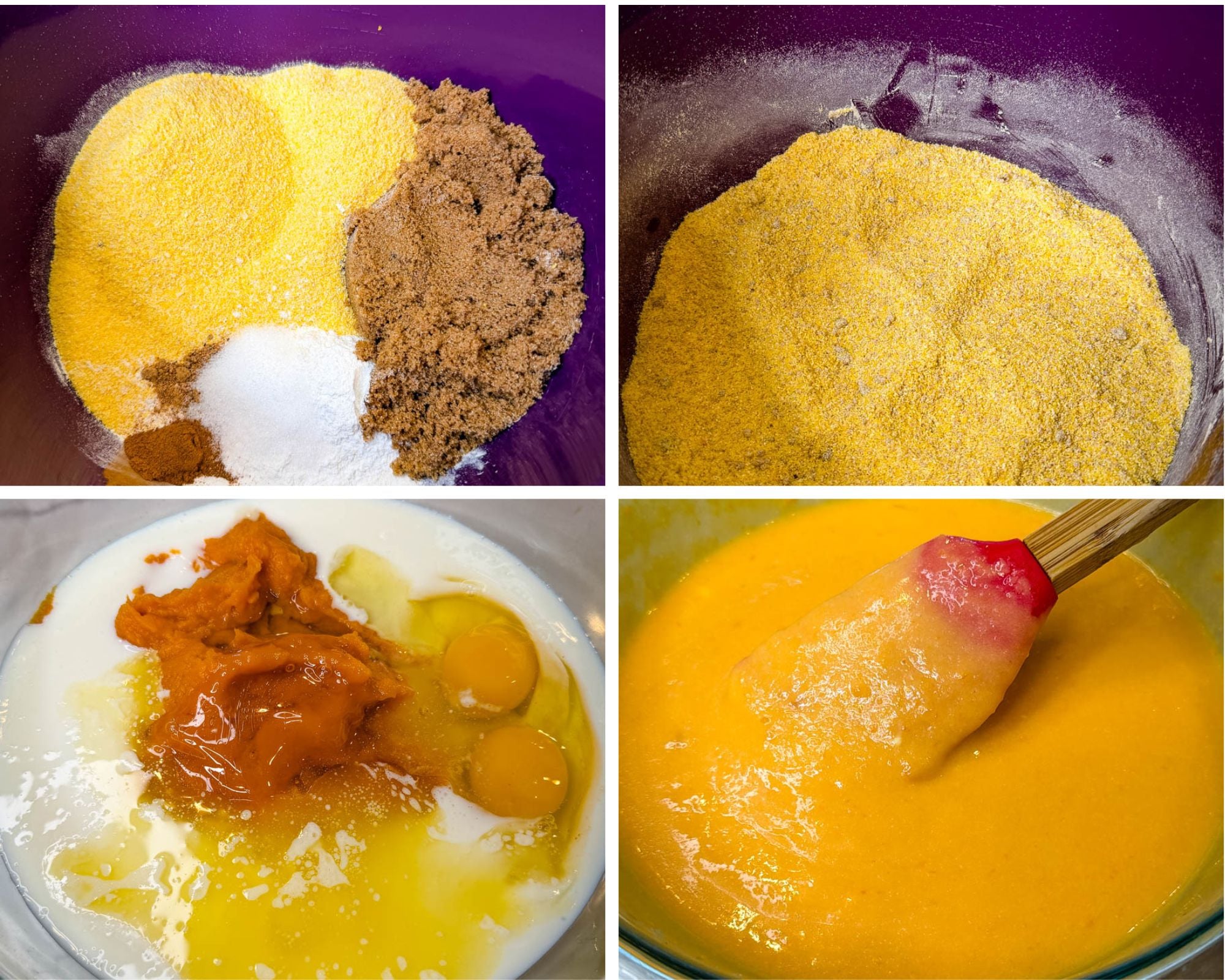 Ingredients for pumpkin honey cornbread muffins displayed in bowls, followed by mixed dry ingredients, wet ingredients with pumpkin puree, and smooth cornbread batter ready for baking.