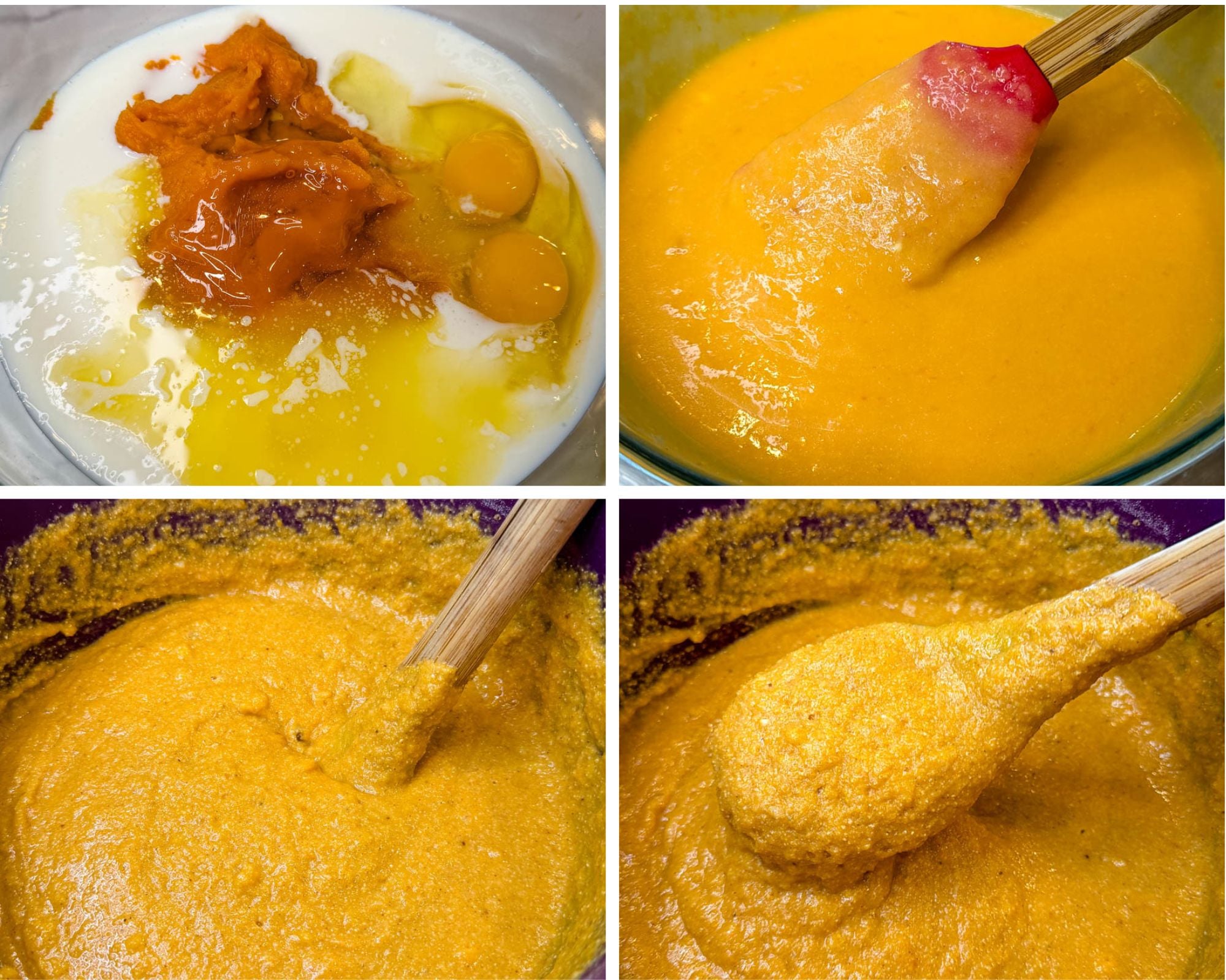 Collage showing sweet potato cornbread muffin batter being mixed with sweet potato puree, eggs, milk, and wet ingredients until smooth and thick.