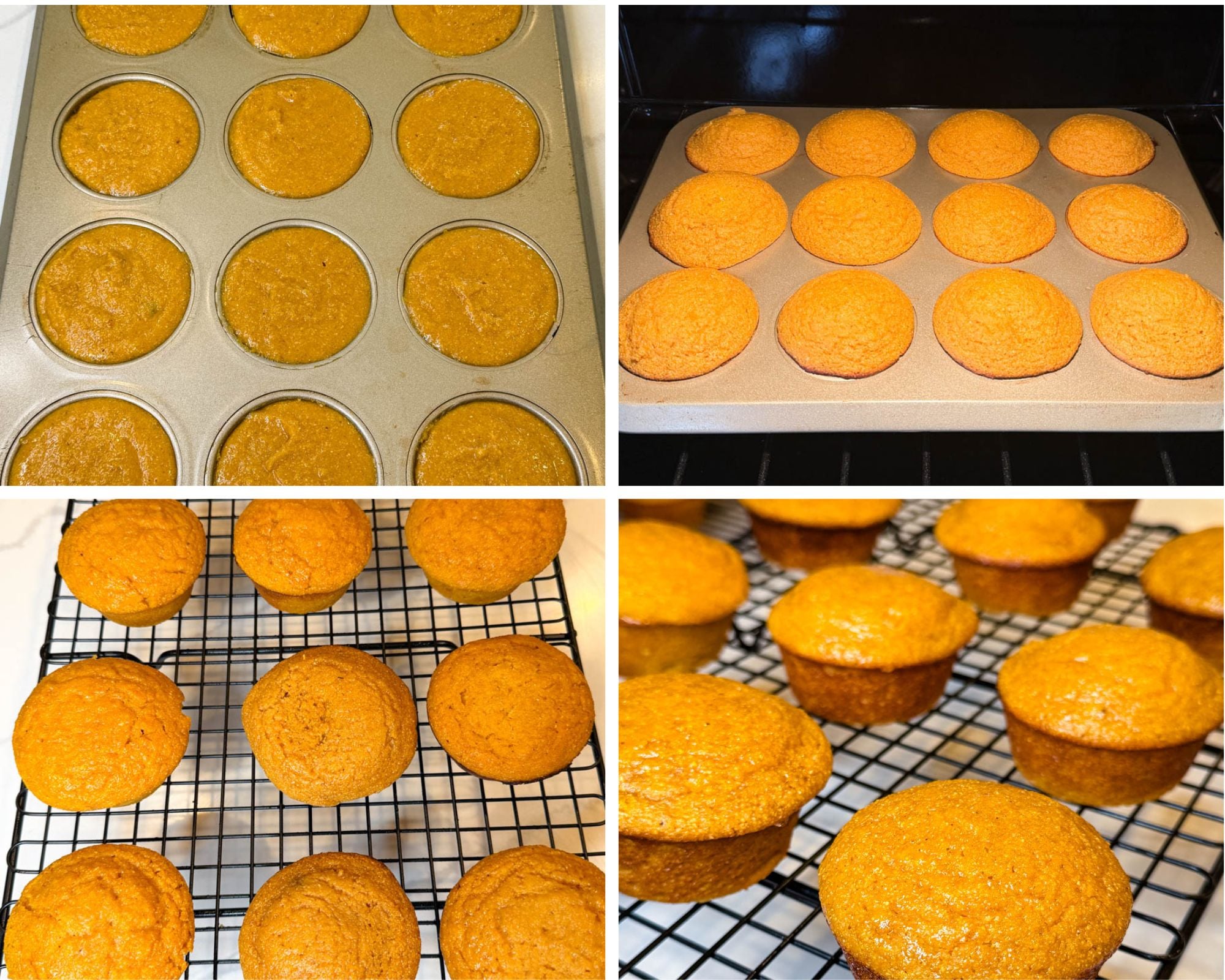 Collage showing sweet potato cornbread muffin batter portioned into a muffin pan, baked until golden brown, and cooling on a wire rack.